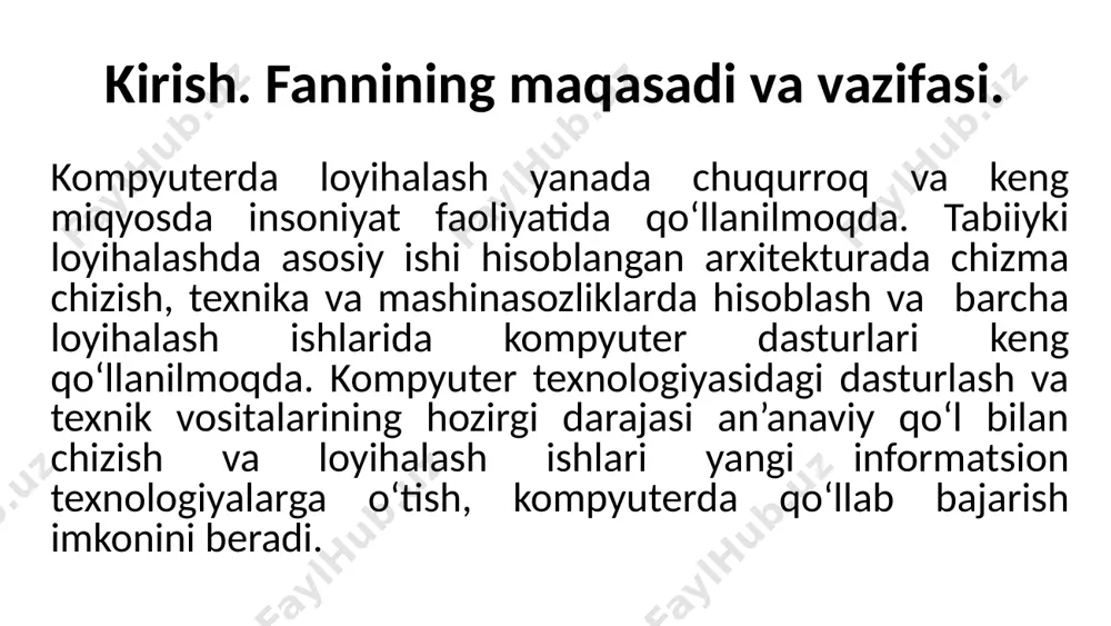 damida hisoblash ishlarini amalga oshirish mumkin. suv ta’minoti, shamollatish va isitish tizimlari mutaxassislari bu sohadagi rivojlanishda chetda qolmasliklari kerak. ular ham boshqalar qatori kuchli avtomatlashtirilgan loyihalash tizimiga ega bo‘lishi kerak. binolarning isitish tizimlarini hisoblash va loyihalashda qo‘llaniladigan dasturlar dastur nomi asosiy imkoniyatlar afzalliklari kamchiliklari tavsiya qilinadi valtec prg - radiatorli, polli va devoriy isitish - issiqlik yo‘qotishlarni hisoblash - gidravlik hisoblar - bepul - oddiy interfeys - muhandislar uchun qulay - grafik imkoniyatlar cheklangan - katta loyihalar uchun kamroq mos boshlang‘ich va o‘rta darajali loyihalar uchun valtec c.o. 3.8 - isitish tizimini grafik asosda chizish - bosim, oqim, harorat balanslarini hisoblash - autocad bilan ishlaydi - radiator va polga mos - gidravlik balanslash vositasi mavjud - o‘rganish uchun vaqt kerak - tizim talablariga sezgir murakkab xususiy uy va binolar audytor co (sankom) - polsha dasturi - radiator tanlash - issiqlik yo‘qotishlarni hisoblash - tizimni 2d/3d modelda ko‘rish - juda aniq …