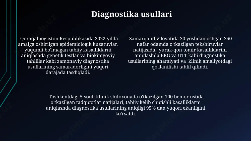 holatlari soni 150 dan oshdi, bu esa oziq-ovqat mahsulotlarining sanitariya holatiga qattiq nazorat qilish zarurligini ta'kidlaydi. profilaktika choralari “profilaktika choralari” doirasida o‘zbekistonning 12 ta viloyatida 2022-yilda 5000 dan ortiq odamga bepul tibbiy ko‘rik o‘tkazildi. toshkent shahrida “profilaktika choralari” orqali 2023-yilning birinchi choragida 1500 dan ziyod bolaga grippga qarshi emlash o‘tkazildi. samarqand viloyatida “profilaktika choralari” loyihasi doirasida yurak-qon tomir kasalliklarining oldini olishga qaratilgan 3 ta yangi dastur ishga tushirildi. atrof-muhit omillari atrofik-muhit omillari, masalan, 50 yoshdan oshgan aholi orasida ko'proq uchraydigan osteoporoz kabi kasalliklarni, ayniqsa, samarqand viloyatida 2020-yilgi ma'lumotlarga ko'ra, 7% ga ko'payishini ko'rsatadi. to'g'ri ovqatlanmaslik, atrof-muhitning ifloslanishi va genetik moyillik kabi atrofik-muhit omillari, toshkent shahrida yurak-qon tomir kasalliklarining 30% ga yaqinini tashkil etadi. atrof-muhit ifloslanishi, jumladan havo ifloslanishi va suvning ifloslanishi, andijon viloyatida 2023 yilda nafas olish kasalliklarining 15% ga ko'tarilishiga sabab bo'lgan atrofik-muhit omillaridan hisoblanadi. davolash usullari davolash usullarining 30% dan ortig'i, xususan, yuqumli kasalliklar uchun, jahon sog'liqni saqlash …
