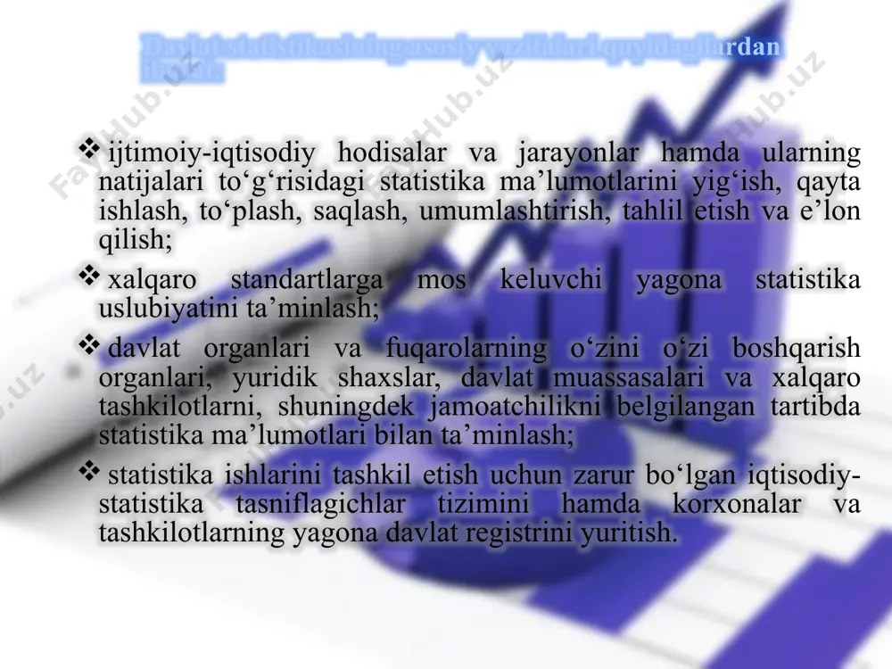 at tashkilotlaridan davlat statistika ishlarini olib borish uchun zarur bo‘lgan ma’lumotlarni (ularni tayyorlashning har qanday bosqichida), shuningdek ularga ilova qilinadigan tushuntirishlarni so‘rash va olish; olinayotgan davlat statistika ma’lumotlarining to‘liqligi, xolisligi va ishonchliligini ekspertizadan o‘tkazish; davlat statistika ma’lumotlarida qoidabuzarliklar aniqlangan taqdirda, ularni bartaraf etish haqida ko‘rsatmalar berish hamda jamlanma davlat statistika ma’lumotlariga tegishli tuzatishlar kiritish; davlat statistika hisobotlarini taqdim etish tartibini buzgan mansabdor shaxslarga nisbatan qonunga muvofiq ma’muriy jazo choralarini qo‘llash; yuridik shaxslar va yakka tartibdagi tadbirkorlarni davlat ro‘yxatidan o‘tkazishni amalga oshiruvchi organlardan korxonalar va tashkilotlarning yagona davlat registrini yuritish uchun zarur ma’lumotlarni olish; davlat statistika ishlari dasturiga kiritilmagan, statistika, tahliliy, axborot, noshirlik xizmatlari va boshqa xizmatlarni qonun hujjatlarida belgilangan tartibda shartnoma asosida ko‘rsatish; ayrim vazifalarni bajarish uchun funksional bo‘linmalar tashkil etish. davlat statistikasi organlarining majburiyatlari : davlat statistikasi prinsiplariga rioya etilishini va xalqaro standartlarga monand statistika uslubiyati birligini ta’minlashi; davlat statistika ishlari dasturlari bajarilishini ta’minlashi; mamlakatni, uning mintaqalarini, iqtisodiyotning tarmoqlari …