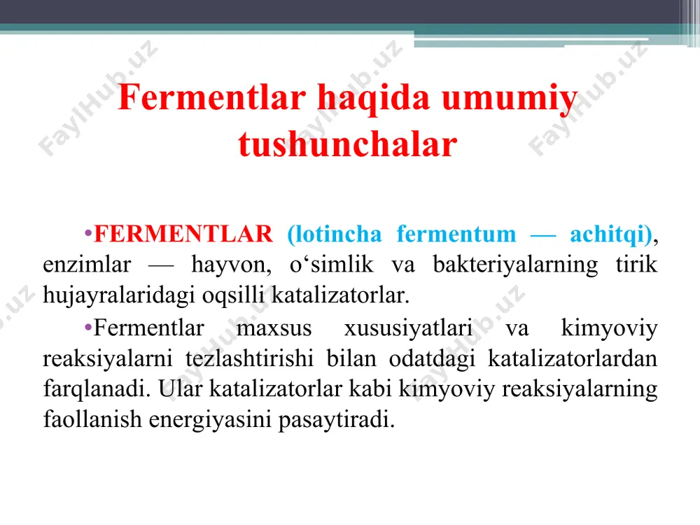 idagi bahslarga nuqta qo‘yildi. 19- asr esa yana bir qancha kashfiyotlarga boy bo‘ldi. lui paster, vinoning achish jarayonini o‘rganish asnosida, xamirturush tarkibi-dagi qandaydir “hayotiy kuch”ning mazkur jarayonga asosiy sabab, degan xulosaga keldi. oshqozonosti bezi shirasining (pankreatik shira) achitish reaksiyasini hosil qilishi va ko‘plab miqdorda oqsilga ekani isbotlandi. peterburg haqiqiy a’zosi k.s.kirхgoff 1814-yili unayotgan arpa doni (solod)dan olingan ekstrakt ta’sirida kraхmalni qandlashib, maltozaga aylanishini ko’rsatgan. 1883-yili payon va perso arpa doni ekstraktidan spirt bilan cho‘ktirish orqali kraхmalni qandga aylantiruvchi diastaza (amilaza) fermentini ajratib olishga sazavor bo‘lgan. so‘lakdan farqli, oshqozonosti bezi shirasining uglevodlar, oqsil va yog‘larni parchalash xususiyati bilan ajralib turishi borasida gipotezalar ilgari suriladi. ayniqsa, qiyin parchalanadigan yog‘larga nisbatan bu muhim. steatoriya (yog‘larning so‘rilmasligi) – oshqozonosti bezining bevosita xastalangani alomati ekani haqida xulosaga kelindi. mazkur organsiz organizm yog‘larni hazm qila olmaydi. klod bernard oshqozonosti shirasidan ovqat hazm qilish substansiyasini ajratishga muvaffaq bo‘ldi va uni pankreatin deb atadi. eduard buxner to‘qimasiz fermentatsiya …