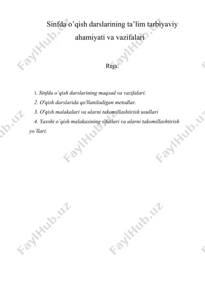 sinfda o’qish darslarining ta’lim tarbiyaviy ahamiyati va vazifalari — DOC