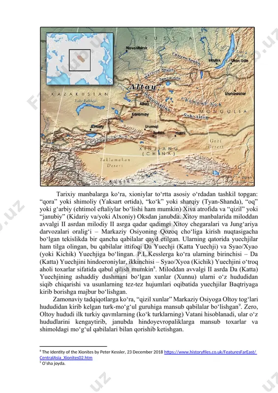 eref:6]. ayrim pahlaviy tilidagi zardushtiylik matnlarida oq xionlar vishtaspning dushmanlari qatorida nomlanadi hamda ular o‘zlarining yovuz amallari tufayli oqibat halokatga mahkum boʻlgani xabar qilingan (ayādgār ī āmāspīg, 96-bob)[footnoteref:7]; shunigdek, ular vi asrda prokopiy oq xunlar (leukoì oúnoi) deb atagan qabilalar bo‘lishi ham mumkin (bellum persicum 1.3.1). h.v.beyli tomonidan kermixinlar yoki ermexionlar shaklida talqin qilingan qizil xionlar turklar bilan birga esxatologik mavzudagi matnlar bilan bog‘liq holda ham tilga olingan (bahman yašt 6.6; anklesaria, pp. 47-48, 117; ayādgār ī zarērān kabi parfiya va o‘rta fors tilidagi manbalarda, pahlaviy matnlarda, jamasp-asana tahririda, 1-18-betlar; dēnkard, madan tahririda, 643-bet). bu xalq hind manbalarida śveta-hūṇa yoki sita-hūṇa = oq xunlar, hala-hūṇa = to‘q (qora) yoki qizil xunlar sifatida uchraydi. [3: bailey h.w. “hārahūṇa,” in j. schubert and u. schneider, eds., asiatica. festschrift friedrich weller, leipzig, 1954, p. 20; klíma o. mazdak. geschichte einer sozialen bewegung im sassanidischen persien, prague, 1957. – s. 119-20, 122-23. ] [4: …