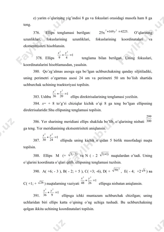 unda b giperbolaning fokuslarini tutashtiruvchi to’g’ri chiziq abstsissalar o’qi xizmatini qiladi va koordinatalar boshi fokuslar oralig’ini o’rtasida olingan. bu holda koordinata o’qlari geperbolaning simmetriya o’qlari bilan va koordinatalar boshi simmetriya markazi bilan ustma-ust tushadi (geperbolaning o’qlari va markazi). fokal o’qda geperbola ikki haqiqiy аva аuchga ega, ular orasidagi kesma аа= 2а giperbolaning haqiqiy o’qi deyiladi. ikkinchi o’q bilan giperbola ikkita mavhum (0; ib ) nuqtada kesishadi, lekin haqiqiy kesma 2b, shartli ravishda, giperbolaning mavhum o’qi deyiladi. shunday qilib, ( 16) giperbola tenglamasiga kirgan а va b parametrlar giperbolaning haqiqiy va mavhum yarim o’qlari uzunliklariga teng. giperbola uchun quyidagi uch holning hammasi bo’lishi mumkin: аb, а = b va а b. агар а= b. bo’lsa, giperbola teng tomonli deyiladi. agar giperbolaning mavhum o’qi 2a uzunlikka ega bo’lib, x o’qi bo’ylab yunalgan, haqiqiy o’qi esa 2b uzunlikda bo’lib,u o’qi bilan ustma – ust tushsa, bunday giperbolaning tenglamasi - bo’ladi. ( 16) va …