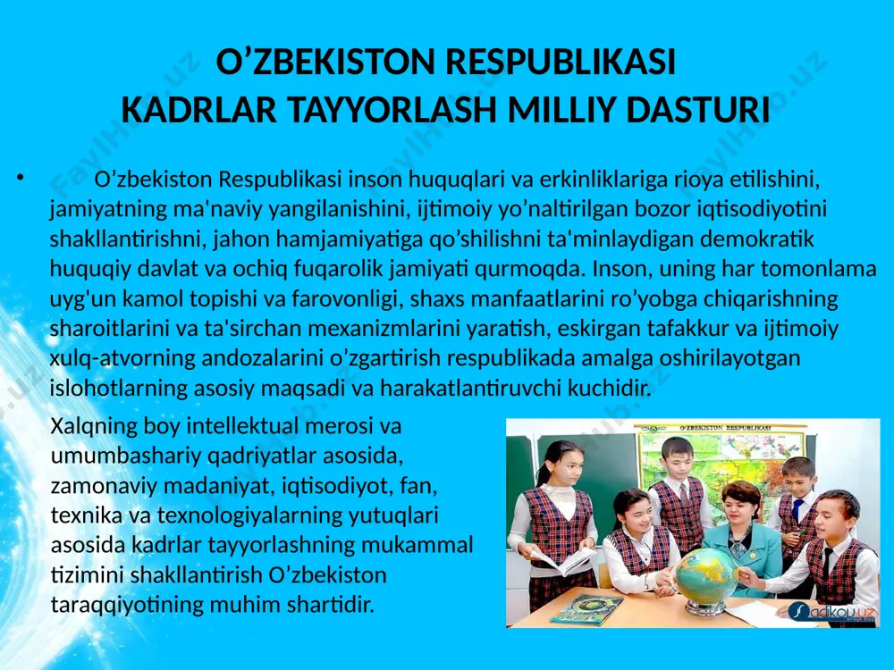 h tizimini tubdan islox qilish omillari rivojlanishning erishilgan darajasi o’zbekiston respublikasi davlat mustaqilligiga erishib, iqtisodiy va ijtimoiy rivojlanishning o’ziga xos yo’lini tanlashi kadrlar tayyorlash tuzilmasi va mazmunini qayta tashkil etishni zarur qilib qo’ydi va qator chora-tadbirlar ko’rishni: "ta'lim to’g'risida"gi qonunni joriy etishni (1992 yil); yangi o’quv rejalari, dasturlari, darsliklarini joriy etishni, zamonaviy didaktik ta'minotni ishlab chiqishni; o’quv yurtlarini attestatsiyadan o’tkazishni va akkreditatsiyalashni, yangi tipdagi ta'lim muassasalarini tashkil etishni taqozo etdi. maktabgacha ta'lim sohasida uylarda tashkil etiladigan bolalar bog'chalari hamda "bolalar bog'chasi-maktab" majmui tarmog'i rivojlanib bormoqda. bolalarga chet tillarni, xoreografiya, tasviriy va musiqa san'ati, kompyuter savodxonligi asoslarini o’rgatuvchi 800 dan ortiq guruh tashkil etilgan. yangi tipdagi maktablar va umumta'lim o’quv yurtlari tarmog'i rivojlanib bormoqda. hozirgi kunda 238 litsey va 136 gimnaziya ishlab turibdi. "sog'lom avlod uchun", "ma'naviyat va ma'rifat", "iqtisodiy ta'lim", "qishloq maktabi", "rivojlanishda nuqsoni bo’lgan bolalarni tiklash" va boshqa tarmoq dasturlari ro’yobga chiqarilmoqda. kamchiliklar va muammolar kadrlar tayyorlash tizimining demokratik …