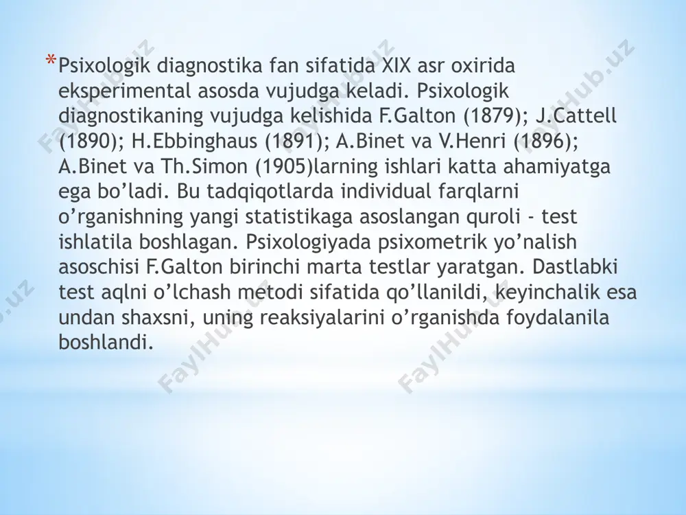 hilik kasbini egallagan. indiana universitetidan bakalavr va magistr darajasini olgan. 1903 yil klark universiteti doktaranturasiga o’qishga kirib, doktorlik dissertasiyasini “psixologik test” (1905) mavzusida yoqlaydi. 1906 yildan boshlab los-anjelosdagi pedagogika kollejining professori bo’lgan. to’rt yil o’tganidan so’ng u stenforddagi universitetga o’qituvchilik lavozimiga taklif qilinib, bine shkalasini modifikasiyalash bilan shug’ullanadi. birinchi jahon urushi davrida armiyada qo’llaniladigan testlarni qayta ishlash jarayonida qatnashgan. 1922 yilda stenford universiteti psixologiya fakultetiga dekan, 1923 yildan amerika psixologlari assosiasiyasining prezidenti lavozimlariga tayinlangan. rishar meyli 1900 yil shveysariyada tug’ilib, berlinda o’qigan. kurt levin uni “geshtalt psixologiyasi” bilan tanishtirgan. mashhur olim klaypered taklifi bilan institut russoga kelgan va psixologik diagnostika bo’yicha hamda qisman intellektni o’rganish bilan ham shug’ullangan. psixodiagnostika bo’yicha 1936, 1951, 1978 yillarda chop etilgan mashhur kitoblarning avtori. institutni 6 yil boshqargandan so’ng vernsk universitetida professor lavozimida ishlay boshlagan. 1930 yildan intellekt omilini o’rganish bilan shug’ullangan. oxirgi izlanishlari asosida (1981) intellek bo’yicha to’rtta fundamental omil borligini va ular olti …