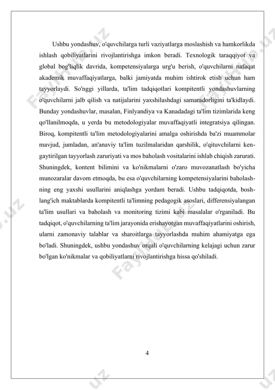 fikr almashish va jamoaviy ishlash qobiliyatlarini rivojlantiradilar. bu ko'nikmalar zamonaviy jamiyatda muvaffaqiyatli faoliyat yuritish uchun zarurdir. 5. **nizom va me'yorlar**: o'qituvchilar ta'lim jarayonida ko'rsatma va me'yorlarni aniqlab, o'quvchilarning kompetensiyalarini baholash va rivojlantirish uchun zarur shart-sharoitlarni yaratadilar. bu jarayonda baholashning turli usullari, jumladan, formativ va summativ baholash, o'quvchilarning taraqqiyotini kuzatish va tahlil qilish uchun qo'llaniladi. 6. **o'z-o'zini baholash**: o'quvchilarga o'z bilim va ko'nikmalarini tahlil qilish va baholash imkoniyatini berish, ularning o'z-o'zini rivojlantirishga bo'lgan qiziqishini oshiradi. o'z-o'zini baholash orqali o'quvchilar o'zlari uchun maqsadlar belgilash va ularga erishish yo'lida harakat qilish imkoniyatiga ega bo'ladilar. kompitentli ta'limning pedagogik asoslari o'qituvchilarga o'z faoliyatlarini yanada samarali tashkil etishga yordam beradi. shuningdek, bu yondashuv o'quvchilarning ta'lim jarayonida faolligini oshiradi, ularning o'z-o'zini rivojlantirishga bo'lgan qiziqishini kuchaytiradi va hayotiy ko'nikmalarini shakllantirishga imkon yaratadi. shu bilan birga, zamonaviy ta'lim tizimida kompetensiyalarni rivojlantirish orqali o'quvchilarni kelajakdagi muammolarga tayyorlashga erishiladi. ii. boshlangʻich maktabda differensiyalangan ta'lim usullari boshlangʻich maktabda differensiyalangan ta'lim usullari, o'quv …