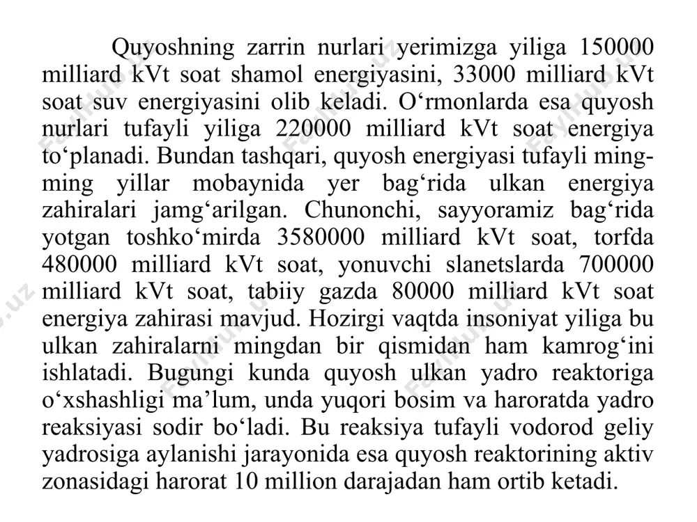 quvirlardan iborat. ichida joylashhgan qora naycha qizib suvning haroratini 300 darajaga qadar ko’tarib berish qobilyatiga ega. vakum kollektorini mustaqil ravishda ishlab chiqarish vositalaridan foydalanib suvni isitish maqsadida ishlab chiqarish mumkin, lekin birinchi navbatda, ish texnologiyasi bilan tanishish muhimdir. jahon olimlari quyoshdan olingan energetikaning ulushi ortib borayotganiga rozi bo‘lishdi va quyidagi dalillarni keltiradilar:quyosh - bu muttasil va erkin energiya manbai; quyosh energiyasidan foydalanish atrof-muhitni ifloslantirmaydi va ortiqcha ta’sirini oshirishga yordam bermaydi; quyosh energiyasidan hamma joyda foydalanish mumkin, uni tashishning hojati yo‘q; 3. zamonaviy ilmiy tadqiqotlar olingan energiyani samarali to‘plash imkonini beradi; 4. quyosh kollektorlari minimal texnikani talab qiladilar; 5. kollektor qurilmasi nisbatan oddiy va arzon. biroq, quyosh energiyasidan foydalanishda olimlar e’tiborga olinadi va qiyinchiliklarga duch keladi: 1. kollektorning samaradorligi insolyatsiya darajasiga bog‘liq; 2. uskunani o‘rnatish uchun dastlabki sarf-xarajatlar talab etiladi; 3. qishda, issiqlik yo‘qotilishi sezilarli darajada oshadi. 1. yassi havo kollektori. 2. vakuum kollektori. e’tiboringiz uchun raxmat. image1.gif image2.gif image3.gif image4.gif …
