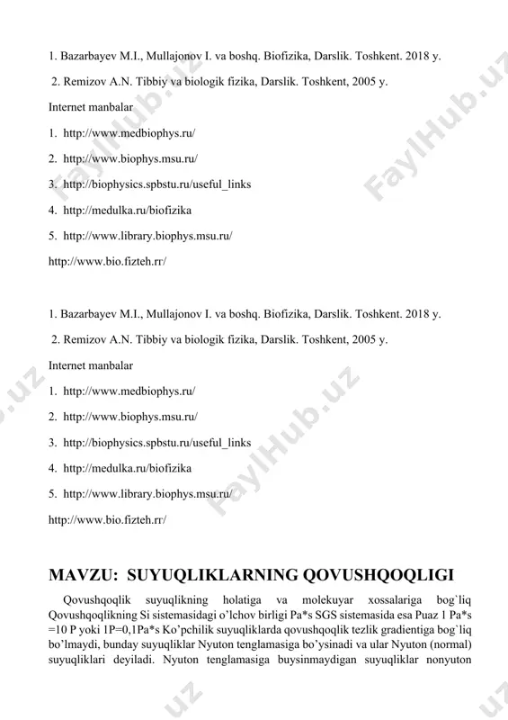 pp. 88-100 3-rasm 4-rasm suyuqlik tezligi bilan truba radiusi orasidagi boglinishni aniqlash uchun uzunligi ℓ va radiusi r bo’lgan silindir shaklidagi suyuqlik ajratib olamiz(4-rasm). natijaviy kuch ( ) (2) 2 1 2 2 2 2 1 f pr pr p p r silindirning yon tomonlariga uni o’rab to’rgan suyuqlik tomonidan ichki ishqalanish kuchi ta`sir etadi. puazeyl formulasi bilan zanjirning bir qismi uchun om qonuni orasida quyidagicha o’xshashlik bor. potentsiallar farqi truba uchlaridagi bosimlar ayirmasiga, tok kuchi suyuqlik xajmiga, elektrik qarshilik gidrovlik qarshilikka mos keladi. masalan, uchta o’zaro ketma-ket(5-rasm) va parallel(6-rasm) ulangan trubaning umumiy gidravlik qarshiliklari quydagi formulalar yordamida topiladi. x=x1+ x2 +x3 5-rasm 6-rasm qovushoq suyuqliklar ichida jisimlar xarakati qovushqoqlik faqat suyuqliklarning idishlaridagi xarakatlanishadagina emas, balki jismlarning suyuqlik ichidagi xarakatida ham yuz beradi. nyuton qonuniga asosan uncha katta bo’lmagan tezliklarda qarshilik kuchi suyuqlik qovushqoqligiga, jism xarakat tezligiga va jism o’lchamlariga bog`liq bo’ladi. sferik jism uchun uning suyuqlikli idish ichidagi xarakati …