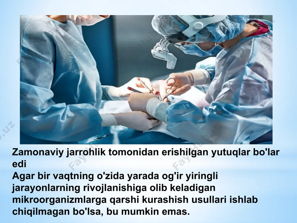 infektsiyasiga qarshi kurash usullarini ilmiy asoslash faqat 1857-1863 yillarda, frantsuz lui paster fermentatsiya va parchalanishning mikrobial tabiatini isbotlaganida olingan. u bu jarayonlar mikroblarning hayotiy faoliyati natijasida paydo bo'lishini va ularni faqat tirik patogenlarni o'ldirish orqali to'xtatish mumkinligini aniqladi. jozef lister 1827-1912 yillar ingliz jarrohi jozef lister mikrobiologiyaning ilmiy yutuqlariga va birinchi navbatda lui pasterning ishiga asoslanib, yopiq va ochiq sinishlarning turli klinik kechishini to'g'ri tushuntirdi va yuqumli asoratlarning oldini olish bo'yicha ilmiy asoslangan chora-tadbirlar tizimini taklif qildi (1867). . u kashf qilish sharafiga ega antiseptiklarbu jarrohlik rivojlanishida yangi davrning boshlanishini belgilab berdi. “hech narsa himoyalanmagan holda yaraga tegmasligi kerak” tezisi yangi ta’limotning amaliy ahamiyatini aks ettirdi. antiseptik sifatida lister karbol kislotasidan foydalangan, uning tirik mavjudotlarning o'sishiga inhibitiv ta'siri allaqachon tasdiqlangan. yaraga qo'llaniladigan doka bog'ichlari karbol kislotasi bilan singdirilgan va operatsiya paytida operatsiya xonasi havosi uning bug'lari bilan sug'orilgan. ernst bergman 1836-1907 yillar nemis jarrohi ernst bergmann va uning shogirdi shimmelbusch …