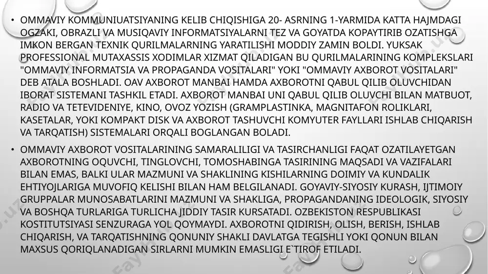 sida takidlanishicha, jinoyat sodir etganlikda ayblangan har bir inson himoya uchun barcha imkoniyatlar taminlangan holda, ochiq sudlov yoli bilan uning aybi qonuniy tartibda aniqlanmagunicha aybsiz deb hisoblanish huquqiga ega. 12- moddada qayd etilishicha, hech kimning oilaviy va shaxsiy hayotiga ozboshimchalik bilan aralashish, turar joy daxlsizligiga, uning yozishmalaridagi sirlariga yoki uning or-nomusi hamda shaniga nisbatan asossiz ravishda tajovoz qilinishi mumkin emas. har qanday inson bunday aralashuv va tajovozdan qonun yoli bilan himoyalanish huquqiga ega. 19-moddada korsatilishicha, har bir inson etiqod erkinligi va uni erkin ifoda qilish huquqiga ega; bu hukuq qech bir tosiqsiz oz etiqodiga amal qilish erkinligini hamda axborot va goyalarni izlash, olish, va tarqatish erkinligini o’z ichiga oladi. image2.png image3.png image1.png /docprops/thumbnail.jpeg