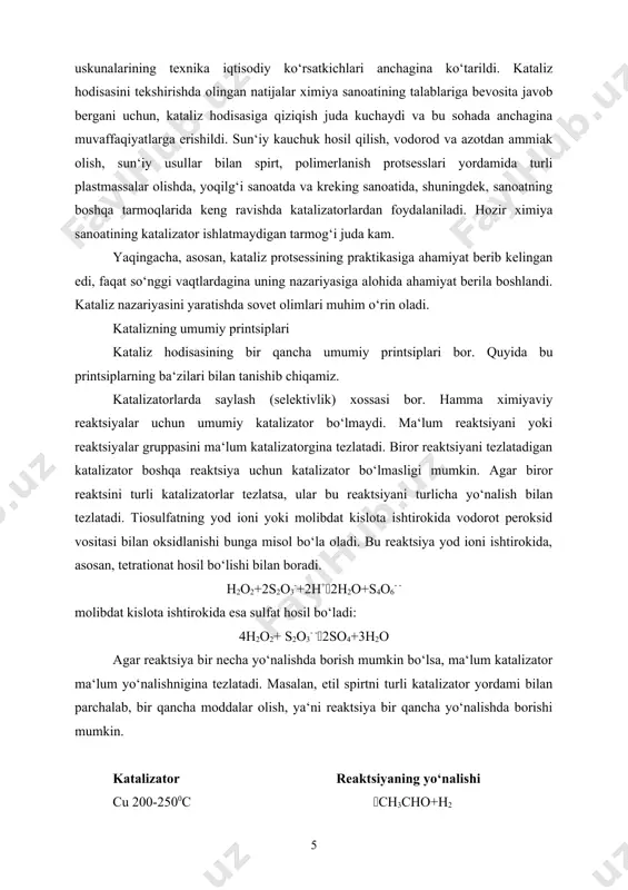 ezlatadigan katalizator boshqa reaktsiya uchun katalizator bo‘lmasligi mumkin. agar biror reaktsini turli katalizatorlar tezlatsa, ular bu reaktsiyani turlicha yo‘nalish bilan tezlatadi. tiosulfatning yod ioni yoki molibdat kislota ishtirokida vodorot peroksid vositasi bilan oksidlanishi bunga misol bo‘la oladi. bu reaktsiya yod ioni ishtirokida, asosan, tetrationat hosil bo‘lishi bilan boradi. h2o2+2s2o3-+2h+(2h2o+s4o6- - molibdat kislota ishtirokida esa sulfat hosil bo‘ladi: 4h2o2+ s2o3- -(2so4+3h2o agar reaktsiya bir necha yo‘nalishda borish mumkin bo‘lsa, ma‘lum katalizator ma‘lum yo‘nalishnigina tezlatadi. masalan, etil spirtni turli katalizator yordami bilan parchalab, bir qancha moddalar olish, ya‘ni reaktsiya bir qancha yo‘nalishda borishi mumkin. katalizator reaktsiyaning yo‘nalishi cu 200-2500c (ch3cho+h2 al2 o3, h2so4 ( c2h4+h2o al2 o3, h2so4 c2h5oh ((c2h5)2o+h2o aktivlangan cu (ch3 cooc2h5+2h2 zno(cro3 (ch2=chch=ch2 aktivlangan cu (ch3coch3+3h2o+co na (c4h9 oh+h2o katalizatorlarning selektivligidan, ya‘ni ma‘lum katalizatorning ma‘lum reaktsiyani yoki ma‘lum reaktsiya yo‘nalishini tezlatishdan sanoatda keng ravishda foydalaniladi. katalizatorning bu xossasi kerakli kerakli reaktsiya yo‘nalishinigina tezlatish va zararli yonaki reaktsiyalarning borishiga yo‘l …