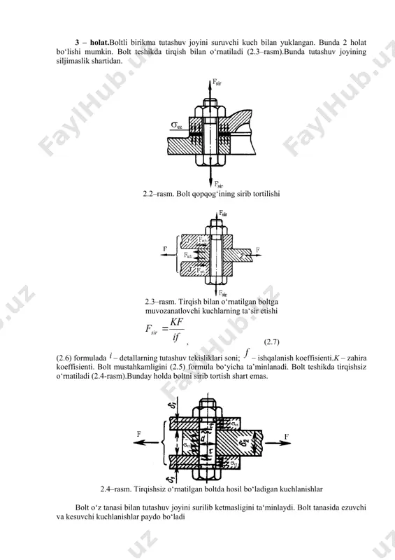 ib olamiz: ; ; ; ; ; ; kalit uzunligi ; . 2 – masala. yuk osish ilgagiga yuk osilgan. ilgak materiali uchun . ilgak rezbali qismi diametrini hisoblang. yechish. (2.19) formula asosida , jadvaldan m14x2,0 rezba tanlaymiz, bu rezba uchun . 3 – masala. bolt sirib tortilgan. bolt materiali uchun , bolt uchun . boltni siruvchi eng katta kuchni hisoblang. yechish. (2.15) formuladan . 4 – masala. bolt ikki detalni biriktiradi. detallarni kuch tutashuv joyida siljitishga harakat qiladi.bolt detallarida tirqish bilan o‘rnatilgan. zahira koeffisient , boltlar soni detallarni tutashuv joyida ishqalanish koeffisienti . rezba diametri . boltni sirib tortishdagi kuchdan hosil bo‘lgan rezbadagi kuchlanishini aniqlang. yechish. (2.16) formulada . boltni sirib tortuvchi kuch . (2.15) formuladan bir boltga tushadigan kuch . boltdagi kuchlanish mustaqil yechish uchun masalalar 1– masala. yuk osish ilgagining rezbali qismi diametri (rezba 20x2,5 mmli) . ilgakning yuk ko‘taruvchanligini aniqlang. javobi.. 2 – masala.qopqoqni qotiruvchi bolt …