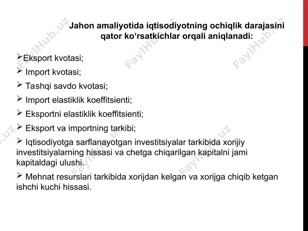 ashish qobiliyati. madaniy-etnik yaqinligi. mamlakatlar xalqlarini yaqinlashtiruvchi tarixiy ildizlarini umumiyligi. ijtimoiy-siyosiy shart-sharoitlar. integratsiyalashayotgan mamlakatlar iqtisodiy rivojlanish va bozor munosabatlarini yetukligi jihatidan bir-biriga yaqin boʼlishi kerak. umumiy chegaralarni mavjudligi va tarixan shakllangan iqtisodiy munosabatlarni mavjudligi. mamlakatlar guruhida birgalikda hal qilishni taqozo etuvchi iqtisodiy muammolarni mavjudligi. xalqaro iqtisodiy integratsiyani shart-sharoitlari va rivojlanish omillari: tovarlar, xizmatlar, kapitallar, inson resurslari harakatidagi cheklovni tugatish; аʼzo boʼlgan mamlakatlarni kelishgan holda olib boradigan iqtisodiy siyosati; milliy qonunchilik, norma va standartlarni yaqinlashuvi; milliy ishlab chiqarish jarayonlarini oʼzaro aralashishi va qoʼshilishi, hudud doirasida ishlab chiqarishni texnollogik birligini shakllanishi; xalqaro ishlab chiqarish va kooperatsiyalashuvini fan va texnikani birlashuvini ilgʼor shakllari asosida keng rivojlanishi, iqtisodiyot rivojlanishini va uni innovatsion mexanizmini birgalikda moliyalashtirish; аʼzo boʼlgan mamlakatlar iqtisodiyotida struktura oʼzgarishlarini amalga oshirish; integratsiyalash jarayonlarini maqsadga muvofiq tartibga solish xoʼjalik aloqalarini boshqaradigan organlarini rivojlantirish; integratsiyani hududiy miqyosini mintaqaviy xarakterga ega boʼlishi; xalqaro iqtisodiy integratsiyaning asosiy xususiyatlari: bozor ayirboshlovni; ishlab chiqarishni; qarorlarni qabul qilish sohasini; …