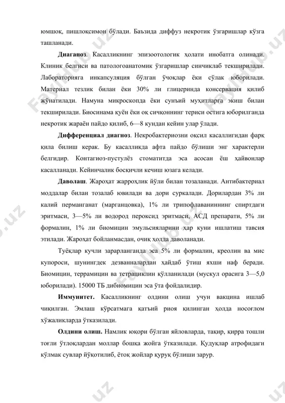 ш билан текширилади. биосинама қуён ёки оқ сичқоннинг териси остига юборилганда некротик жараён пайдо қилиб, 6—8 кундан кейин улар ўлади. дифференциал диагноз. некробактериозни оқсил касаллигидан фарқ қила билиш керак. бу касалликда афта пайдо бўлиши энг характерли белгидир. контагиоз-пустулёз стоматитда эса асосан ёш ҳайвонлар касалланади. кейинчалик босқичли кечиш юзага келади. даволаш. жароҳат жарроҳлик йўли билан тозаланади. антибактериал моддалар билан тозалаб ювилади ва дори суркалади. дорилардан 3% ли калий перманганат (марганцовка), 1% ли трипофлаваниннинг спиртдаги эритмаси, 3—5% ли водород пероксид эритмаси, асд препарати, 5% ли формалин, 1% ли биомицин эмульсияларини ҳар куни ишлатиш тавсия этилади. жароҳат бойланмасдан, очиқ ҳолда даволанади. туёқлар кучли зарарланганда эса 5% ли формалин, креолин ва мис купороси, шунингдек дезванналардан ҳайдаб ўтиш яхши наф беради. биомицин, террамицин ва тетрациклин қўлланилади (мускул орасига 3—5,0 юборилади). 15000 тб дибиомицин эса ўта фойдалидир. иммунитет. касалликнинг олдини олиш учун вакцина ишлаб чиқилган. эмлаш кўрсатмага қатъий риоя қилинган ҳолда носоғлом хўжаликларда ўтказилади. олдини олиш. …