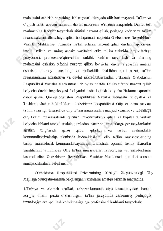 uzluksiz tizimini joriy qilish; 5.daslabki bosqichda toshkent davlat pedagogika universitetida o’quv jarayoni o’quv reja va dasturlar takomillashtirilgan holda ta’limning kredit modeli tizimi asosida tashkil etilsin. (9 bandning ‘’v’’ kichik bandi o’zbekiston respublikasi prizdentining 2020-yil 12-iyundagi pq-4749 sonli qaroridan tahrirda-qonun hujjatlari ma’lumotlari milliy bazasi, 13.06.2020y,07/20/4749/0758-son) o’zbekiston respublikasi prezidenti sh.mirziyoyev (1-rasm) i bob. asosiy qisim 1.1 spirtlarning nomenklaturasi va izomeriyasi. nomenklaturasi. spirtlarni nomlashda asosan uch xil nomenklaturalardan foydalaniladi. dastlabki, oddiy spirtlar ko’pincha empirik nomlanishini adabiyotlardan kuzatishimiz mumkin. ular alkil guruxi nomi va spirt so’zidan foydalanib hosil qilinadi. masalan: shu o’rinda, ayni nomlar spirtlarning qaysi sinfga mansub ekanligini to’la namoyon eta olmasligini takidlash kerak; masalan: izopropil spirti ikkilamchi, izobutil spirti esa birlamchi spirt hisoblanadi. ba’zi spirtlarni karbonil sistemasida ratsional nomenklatura bo’yicha nomlash qulay: bunda spirtlar metil spirti – karbinolning ch3oh hosilasi deb qaraladi va metil guruxidagi bir, ikki yoki uchchala vodorodlarni boshqa uglevodorod qoldiqlari bilan almashinishidan hosil qilinadi. dastlab, gidroksil guruxi saqlovchi uglerod …