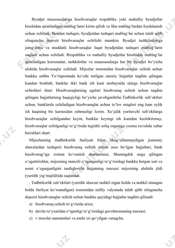 obvaraq ochish to‘g‘risida ariza b) soliq organlari tomonidan soliq to‘lovchining identifikatsiya raqami berilganligi to‘g‘risidagi guvohnomaning nusxasi; v) imzolar namunalari va muhr izi qo‘yilgan varaqcha yuridik shaxsning tarkibiy bo‘linmalari (vakolatxonalari, filiallari)ga talab qilib olinguncha depozit hisobvaraqlar ushbu yuridik shaxsning iltimosnomasi bo‘yicha (iltimosnomada yuridik shaxsning soliq to‘lovchining identifikatsiya raqami ko‘rsatiladi) hisobvaraq ochish to‘g‘risida ariza hamda imzolar namunalari va muhr izi qo‘yilgan varaqcha taqdim etilganda ochiladi. o‘z faoliyatini yuridik shaxs tashkil etgan holda amalga oshirmoqchi bo‘lgan xo‘jalik yurituvchi sub’ektlarga ustav kapitalini shakllantirish uchun davlat ro‘yxatidan o‘tgunlariga qadar ta’sischilar (ishtirokchilar)ning dastlabki badallarini kiritish uchun milliy va/yoki xorijiy valyutada vaqtinchalik (mablag‘ yig‘ish uchun) talab qilib olinguncha hisobvaraq ochilishi mumkin. vaqtinchalik hisobvaraq ochish uchun vakolatli shaxs bank-ka ta’sischi (ishtirokchi)lar nomidan ixtiyoriy shaklda hisobvaraq ochish to‘g‘risida ariza taqdim qiladi. rezident va norezident jismoniy shaxslar tomonidan milliy valyutada talab qilib olinguncha depozit hisobvaraqlar ochish uchun bankka hisobvaraq ochish to‘g‘risida ariza hamda shaxsini tasdiqlovchi hujjat (pasport yoki unga tenglashtirilgan …
