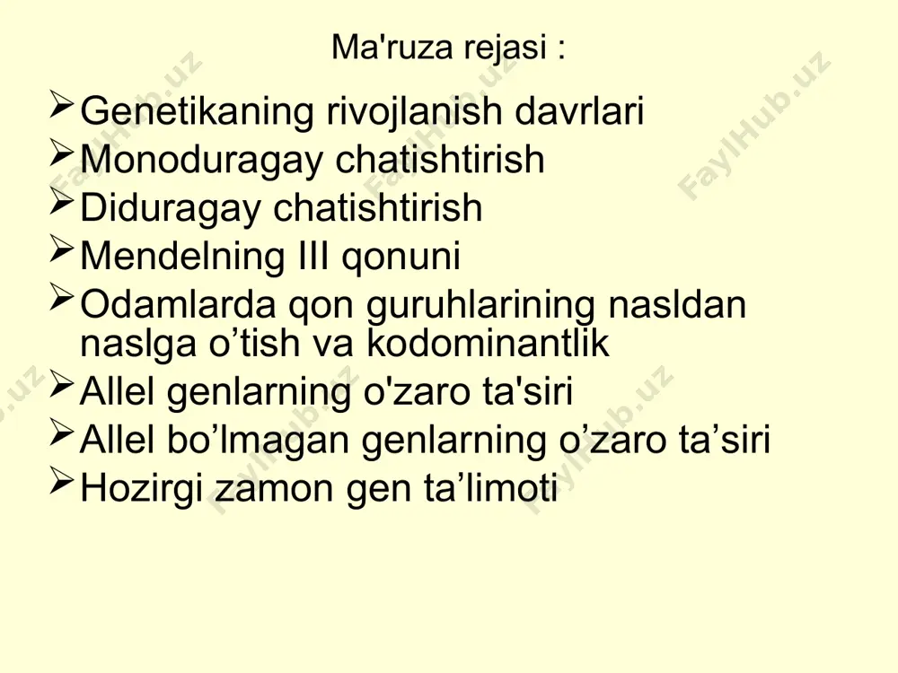 gameta hosil qiladi: aa a a digeterozigot organizm 4 xil gameta hosil qiladi: aabb a a b b b b ab ab ab ab trigeterozigot organizm 8 xil gameta hosil qiladi: aabbcc aabca abc abc abc abc abc abc abc xromosoma darajasi to'liq birikish (meyozda krossingover kuzatilmaganda) mendelning 3- qonuni (mustaqil irsiylanish) genlar nogomolog xromosomalarda joylashganda yuzaga chiqadi. genlar 1 xromosomada joylashsa birikkan irsiylanish yuzaga chiqadi (morgan) chala birikish ( krossingover natijasida ) morganida – meyozda 1% krossover gametalar hosil bo'ladigan ikkita gen orasidagi masofa genom darajasi genlar – yaxlit sistema genotip – diploid to'plamdagi genlar majmuasi genom – gaploid to'plamdagi genlar majmuasi genlarning o'zaro ta'siri 1. allel genlar o'zaro ta'siri (oddiy belgilar rivojlanadi) tiplari: dominantlik resesivlik kodominantlik oraliq o'ta dominantlik nisbiylik ko'p allellik тўла доминантлик чала доминантлик allel genlarning o’zaro ta’siri 1. to’liq dominantlikda dominant allel geterozigota holatda retsessivi ustidan fenotipik namoyon bo’ladi. p:♀ aa x ♂ aa g: …