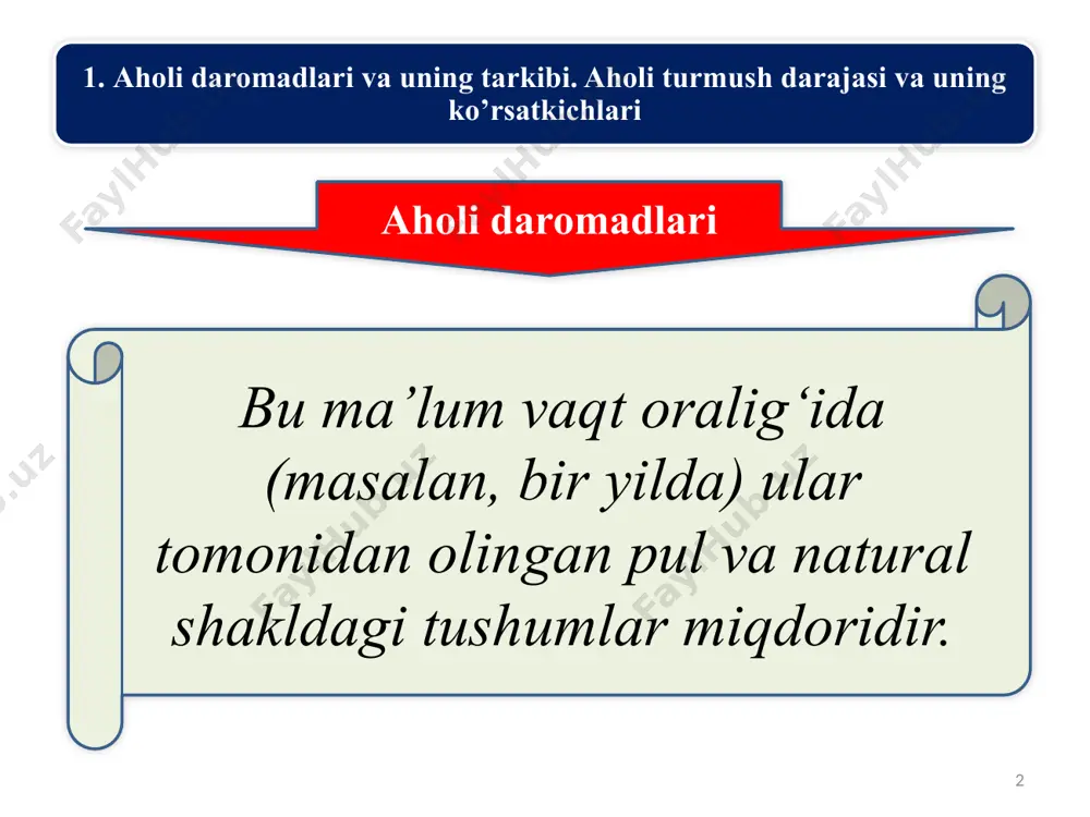 imi 7 1 tug‘ilish va o‘lish darajasi hamda boshqa demografik ko‘rsatkichlar 2 hayot kechirishning sanitar-gigiena jihatidan sharoitlari 3 inson erkinligi 12 4 5 6 7 8 9 10 11 oziq-ovqat tovarlarini iste’mol qilish turar joy sharoitlari ma’lumot va madaniyat mehnat qilish va bandlik sharoitlari aholining daromadlari va xarajatlari hayot kechirish qiymati va iste’mol narxlari transport vositalari dam olishni tashkil etish ijtimoiy ta’minot 2. daromadlar tengsizligi va uning darajasini aniqlash 8 dunyodagi barcha mamlakatlar aholi jon boshiga to‘g‘ri keladigan o‘rtacha daromadlar darajasi bilan bir-biridan keskin farqlanadi. bu turli mamlakatlar aholisining daromadlari darajasi o‘rtasida tengsizlik mavjudligini bildiradi. shu bilan birga alohida olingan mamlakatlar aholisining turli qatlam va guruhlari o‘rtacha daromadlari darajasida ham farq mavjud bo‘ladi. mamlakatning iqtisodiy rivojlanishi dara­jasi ham daromadlaridagi farqlarni bartaraf eta olmaydi. o‘z-o‘zidan aniqki, iqtisodiy o‘sish daromadlarning ko‘payishiga olib keladi. bunda butun aholi daromadlari mutlaq miqdorda asta-sekin o‘sib boradi. daromadlarning mutlaq miqdori ko‘payib borsada, har doim ham daromadlar tengsizligi …