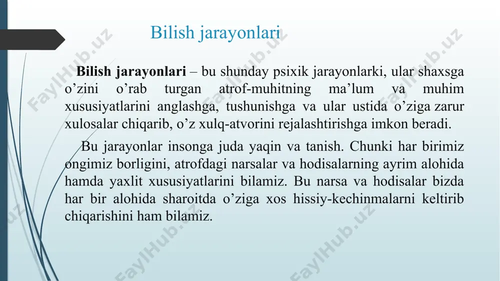 yin. masalan, ko’rib idrok qilib turgan narsangizni fikrlamay ko’ringchi, uning mohiyatini bilasizmi? diqqat bilan ko’rgan yoki o’qigan tekstingizni eslab qolasiz. yoki biror narsa to’g’risida fikrlash uchun bizga bir vaqtda ham ilgarigi idrok obrazlari, ham eslab qolish mahoratimiz, ham ichki nutqimiz, irodamiz va diqqat kerak bo’ladi. hattoki, tasodifan qo’limizga kirib ketgan zirapchaga bergan reaksiyamiz ham oddiy oh-vohga o’xshash hissiyotlardan tashqari, o’sha narsaning bu yerda qanday paydo bo’lganligi kabi qator tafakkur jarayonlarini keltirib chiqaradi. insonning sezgisi, idroki, xotirasi, tafakkuri, nutqi, xayoli, his-tuyg’ulari va irodasi psixik jarayonlar deb ataladi. sezgi – odamning tegishli sezgi organlariga moddiy olamdagi narsa va hodisalar ta’sir ko’rsatgan paytida ulardagi ayrim xossalarning aks ettirilishidan iborat bo’lgan eng sodda psixik jarayondir. sezgi, asosan, eksteroseptorlar, interioseptorlar hamda proprioseptorlardan tashkil topadi. o’z navbatida ularning har bir tarmoqlanish xususiyatiga ega hisoblanadi . fanda, asosan, eng ko’p o’rganilgan tarmoq – bu ekstroseptorlar sanalib, ularga ko’rish, eshitish, hid bilish, ta’m-maza bilish hamda teri-tuyish sezgilari kiradi. …