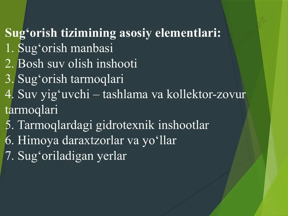 yo‘l qo‘ymasdan, kerakli muddatlarda va kerakli hajmda sug‘orish dalasigacha etkazib berishdir. muvaqqat sug‘orish tarmoqlarining vazifasi: sug‘orish suvini oqova holatidan tuproq namligiga aylantirib berishdir sug‘orish tizimida suvni boshqarish uchun zarur bo‘lgan gidrotexnik inshootlar majmui sug‘orish tizimi armaturasi hisoblanadi. bularga suv olish inshootlari, tezoqarlar, suv o‘lchash inshootlari, ko‘priklar, quvurli suv o‘tkazgichlar, dyukyerlar va b. kiradi. suv to‘suvchi va oluvchi inshootlar suv oluvchi va o‘lchovchi inshootlar dyukyer va akveduklar akveduk sug‘orish tarmoqlari bo‘yidagi himoya daraxtlari. a-bir qatorli; b-ikki qatorli; v-to‘rt qatorli (o‘lchamlar metrda) foydalanilgan adabiyotlar xamidov m.x., begmatov i.a., isaev s.x., mamatov s.a. “suv tejamkorsug‘orish texnologiyalari” o‘quv qo‘llanma. t., timi bosmaxonasi, 2015. 243 bet xamidov m.x., shukurlaev x.i., mamataliev a.b. “qishloq xo,jaligi gidrotexnika meliorasiyasi”. darslik. t. sharq, 2009, 379 bet raximbaev f.m. va boshqalar. “qishloq xo‘jaligida sug‘orish melioratsiyasi”. darslik. t. “mehnat”, 1994, 327 bet. image1.png image2.png image3.png image4.png image5.png image6.png image7.png