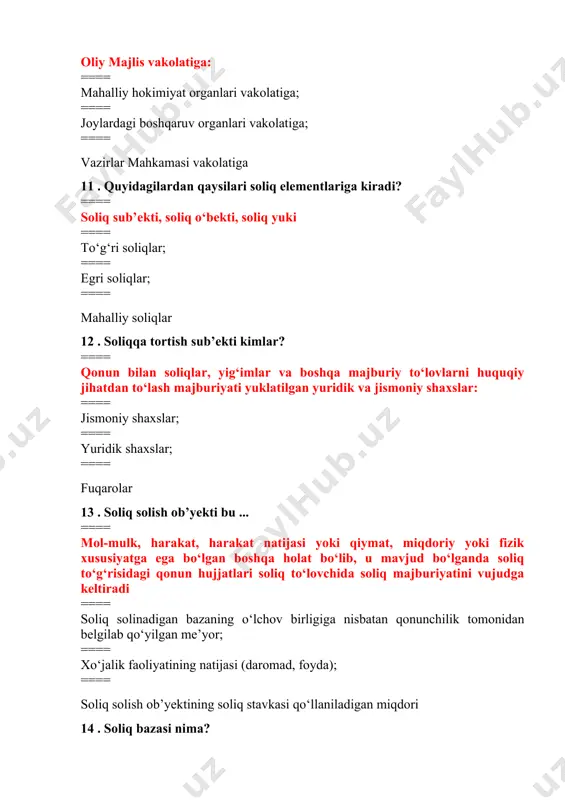 n bazaning o‘lchov birligiga nisbatan qonunchilik tomonidan belgilab qo‘yilgan me’yor; ==== xo‘jalik faoliyatining natijasi (daromad, foyda); ==== soliq solish ob’yektining soliq stavkasi qo‘llaniladigan miqdori 14 . soliq bazasi nima? ==== soliq solish ob’yektining soliq stavkasi qo‘llaniladigan miqdori: ==== soliqqa tortish uchun asos bo‘lib xizmat qiladigan daromad, aylanma, mol-mulk yoki tabiiy resurs hajmidir; ==== soliq hisoblanadigan bazaning birligiga to‘g‘ri keladigan soliq me’yori; ==== soliq solinadigan bazaning o‘lchov birligiga nisbatan qonunchilik tomonidan belgilab qo‘yilgan me’yor 15 . soliq stavkasi nima? ==== soliq bazasining o‘lchov birligiga nisbatan hisoblanadigan soliqning foizlardagi yoki mutlaq summadagi miqdorini ifodalaydi: ==== soliqqa tortish uchun asos bo‘lib xizmat qiladigan daromad, aylanma, mol-mulk yoki tabiiy resurs hajmidir; ==== soliq solish ob’yektining qiymati, jismiy yoki boshqa tavsifi bo‘lib, unga asoslanib budjetga to‘lanishi lozim bo‘lgan soliq (to‘lov) summasi aniqlanadi; ==== soliq solish ob’yektining soliq stavkasi qo‘llaniladigan miqdori 16 . soliq stavkasining turlarini aniqlang. ==== proporsional, progressiv, regressive ==== to‘g‘ri, proporsional; ==== o‘sib …