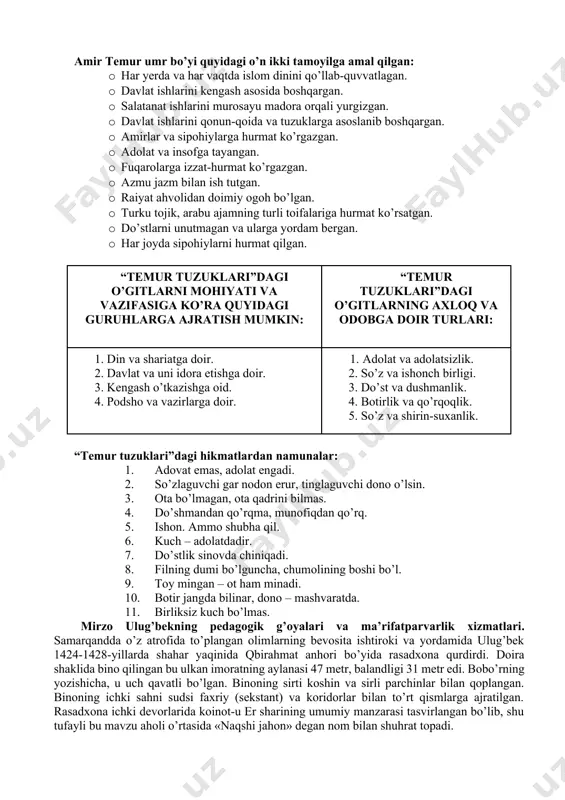 shtirib, xudo to’g’risida o’ylash, ya’ni tariqat – fano, o’zdan kechish, ko’ngilni poklab, ruhni nurlantiruvchi yo’l, faoliyat shakli. uchinchi bosqich – ma’rifat: hamma narsaning, butun borliqning asosi – xudo ekanini, o’zining mohiyati xudo mohiyati bilan birgaligini bilish va anglash. bunda odam uchun barcha kibr-u havo, manmanlik, shon-shuhrat bema’ni bo’lib ko’rinadi, shunda u orif, ya’ni bilimli, xudoni tanigan bo’ladi. to’rtinchi bosqich – haqiqat. bunda so’fiy xudoning dargohiga erishadi, vasliga vosil bo’ladi, u bilan birlashadi, shu orqali inson foniy, ya’ni «analhaq» bo’la oladi. movaraunnahrda amir temur tomonidan markazlahgan davlat barpo etilishi va uning fan, madaniyat va ma’rifat rivojiga qo’shgan hissasi. amir temur hayotlik davridayoq uning harbiy san’ati va davlat boshqarish uslubiga bag’ishlangan maxsus asar yaratilib, u «temur tuzuklari» nomi ostida shuhrat topadi. bu asar shaxsan temurning og’zidan yozib olingan deb hisoblanadi. unda davlatni boshqarishda kimlarga tayanish, toj-u taxt egalarining tutumi (yo’nalishi) va vazifalari, (vazir va qo’shin boshliqlarini saylash, sipohlarning maoshi) mamlakatni idora etish …