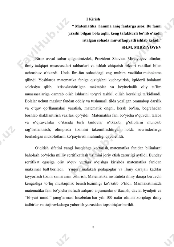 igini anglashga,imkoniyatlarni ro’yobga chiqarishga va ma’naviy intellectual, aqliy – amaliy rivojlanishga yangi shart- sharoitlar yaratib berishdi. ta’limning fan va ishlab chiqarish bilan intergiyasi mexanizmlarini rivojlantirish, uni amaliyotga joriy etish, o’qishni, mustaqil bilim olishni individuallashtirish hamda masofaviy ta’lim tizimi texnalogiyasini, uning vositalalarini ishlab chiqarish, o’zlashtirish, yangi pedadogik va axborot texnologiyalari asosida o’quvchi va talabalarni o’qitishni jadallashtirish yana shunday dolzarb vazifalar sirasiga kiradi. ta’limni isloh qilish, yangi mazmundagi va zamon talabiga javob beradigan o’quv adabiyotlar, qo’llanmalarni yaratish va ilg’or pedagogik texnalogiyalarni joriy etishni taqozo etadi.ta’lim tizimidagi kamchiliklar, shu jumladan, matematika fanidan ham o’qitish uslubiyatini chetlab o’tmaydi. har bitta fanga alohida e’tibor berish, har bir mavzuni o’qitishda ma’suliyatli bo’lish o’qituvchi, professor, dosent va akademiklarning eng oliy maqsadi hisoblanadi. bizga ma’lumki matematika fani juda qiziqarli va shu bilan birga murakkab fan bo’lib ham hisoblanadi. ma’lumki, matematika analiz fani nima uchun kerak, nima maqsadlarda foydalaniladi, uning yechimlari qanday topiladi kabi masalalar qaraladi. kurs ishining obyekti. …