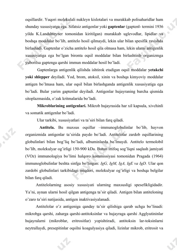 alqoro kommissiyasi tomonidan pragada (1964) immunoglobulinlar beshta sinfga bo’lingan: igg, igm, iga, ige va igd. ular qon zardobi globulinlari tarkibidagi miqdori, molekulyar og’irligi va boshqa belgilar bilan farq qiladi. antitelolarning asosiy xususiyati ularning maxsusligi spesefikligidadir. ya’ni, aynan ularni hosil qilgan antigenga ta’sir qiladi. antigen bilan antiteloning o’zaro ta’siri natijasida, antigen inaktivasiyalanadi. antitelolar o’z antigeniga qanday ta’sir qilishiga qarab uchga bo’linadi: mikrobga qarshi, zaharga qarshi-antitoksinlar va hujayraga qarshi agglyutininlar hujayralarni (mikroblar, eritrositlar) yopishtiradi, antitoksin lar-toksinlarni neytrallaydi, presepitinlar oqsilni koagulyasiya qiladi, lizinlar mikrob, eritrosit va hokazolarni eritadi. monoklonal antitelolar. normal immun sistema millionlab har xil antitelolar ishlab chiqaradi. lekin immun sistemaning yomon sifatli miyeloma hujayrasi faqat bir xil (biron bir immunoglobulinli oqsil) antitelolarni uzoq vaqt davomida sintez qiladi. miyeloma hujayralari, immunitet hosil qilish uchun ishlatilgan ma’lum bir antigenga antetilo hosil qila olmaydi. 1975 yil g.kyoler, s.milshteyn. (kembridj, velikobritaniya)lar miyeloma hujayralarini, ma’lum spesefik antigen bilan immunlangan sichqon talog’ini vlimfositlari bilan briktirdilar. natijada gibrid …