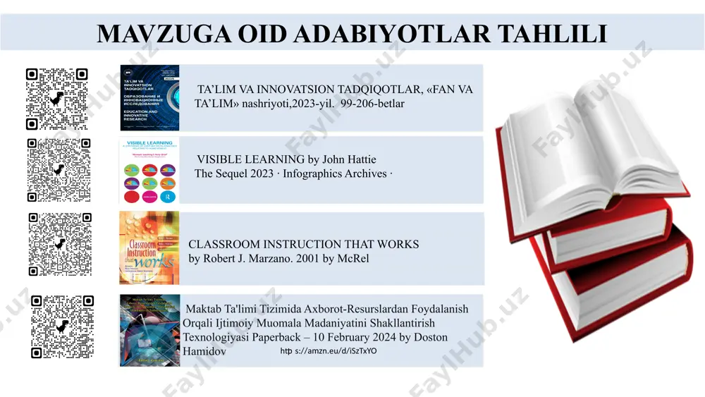 ni qo‘llash, interaktiv ta'lim vositalari va elektron o‘qish materiallaridan foydalanish joriy etilmoqda buyuk britaniyada o‘qituvchilarni tayyorlash va malakasini oshirishda pedagogik, psixologik va metodik yondashuvlar haqida keng treninglar beriladi. britaniyada nomoddiy resurslar (o‘qituvchilarning malakalari, psixologik qo‘llab-quvvatlash, innovatsion metodlar) ta'limning samaradorligini oshirishga qaratilgan. maktablarda smart-doskalar, raqamli materiallar va o‘quvchilarga mo‘ljallangan interaktiv dasturlarni ko‘proq qo‘llash. mavzuni qiyosiy tahlil etilganligi xulosa maktabda nomoddiy resurslardan samarali foydalanish ta’lim sifatini oshirish, o‘quvchilarning ijodiy va aqliy salohiyatini rivojlantirish hamda ta’lim jarayonini yanada samarali tashkil etishda muhim ahamiyatga ega. o‘qituvchilarning bilim va tajribalaridan, o‘quvchilarning qobiliyat va ijodkorligidan, axborot resurslari va madaniy merosdan to‘g‘ri foydalanish orqali maktab muhitini innovatsion va motivatsion markazga aylantirish mumkin. buning uchun tajriba almashish, mentorlik tizimini rivojlantirish, axborot texnologiyalaridan foydalanish, madaniy va ilmiy tadbirlarni tashkil etish kabi chora-tadbirlarni amalga oshirish lozim. taklif psixologik va ijtimoiy resurslarni kuchaytirish; innovatsion texnologiyalarni kengaytirish; o‘qituvchilar va psixologlar uchun metodik qo‘llanmalar va treninglarni ko‘paytirish; t/r muammo amalga oshirish mexanizmi mas’ullar …