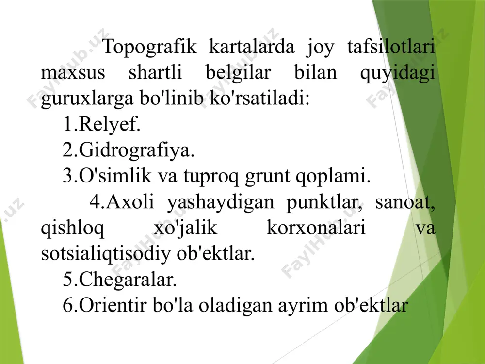 : 1. shartli belgilar turlari? 2. topografik kartada joy relyefini tasvirlanishi? 3. gorizontallar oraligi nima? 4. qiyalik burchak qanday burchak? e’tiboringiz uchun rahmat! image1.gif image2.gif image3.png image4.png image5.png image6.jpeg /docprops/thumbnail.jpeg