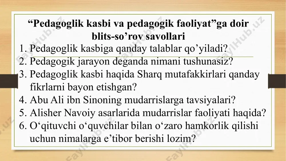 ish-turishi, kiyinishi bolalarni tarbiyalasin” – deb yozgan edi. buyuk mutafakkir abu ali ibn sino pedagogik qarashlarida insonning ham aqliy, ham axloqiy, estetik va jismoniy jihatdan rivojlanishi uning kamolga еtishining asosiy mezoni sifatida talqin etiladi. sharqda «shayx ar-rais» nomi bilan mashhur bo‘lgan alloma - abu ali ibn sino o‘qituvchi mahorati haqida fikr yuritar ekan, quyidagilarni eslatib o‘tadi: - bolalar bilan muomalada bosiq, jiddiy bo‘lish; - berilayotgan bilimning talabalar qanday o‘zlashtirib olayotganiga e’tibor berish; - ta’limda turli metod va shakllardan foydalanish; - talabaning xotirasi, bilimlarni egallash qobiliyati, shaxsiy xususiyatlarini bilish; - aqliy darajasiga mos ravishda ta’lim berish; - har bir so‘zning bolalar hissiyotini uyg`otishi darajasida bo‘lishiga erishish zarur. o‘qituvchida pedagogik mahoratni shakllantirishning ilmiy – nazariy asoslari pedagog olim v.a. slastyonin tomonidan ham tadqiq qilingan. u kasbiy – pedagogik tayyorgarlik, o‘qituvchining shaxsi va kasbiy shakllanish yo‘nalishi va bunda pedagogik mahorat to‘g‘risida so‘z yuritib, shunday yozadi: “o‘qituvchi muntazam ravishda peda­gogik nazariyalarga tayansagina, o‘qituvchilik mahoratini …