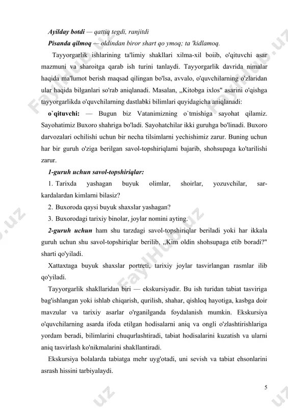 a tabiat ehsonlarini asrash hissini tarbiyalaydi. ishlab chiqarish korxonalariga, muzey va boshqa joylarga ekskursiyalar esa tarixiy voqealarni to'g'ri idrok etishlarini ta'minlaydi, kattalar mehnati bilan tanishtiradi, o'quvchida mehnatga muhabbat uyg'otadi, kasbga yo'naltiradi. film namoyish qilish. tarixiy materiallarni, asar muallifi hayotini o'rganishdan oldin film namoyish qilinsa, o'quvchilarning asarni idrok qilishlari faollashadi. masalan, 2-sinfda ,,gulzorda" hikoyasini o'qishda ,,mehrobdan chayon" filmidan parcha ko'rsatilishi, 3—4-sinflarda ibn sino haqidagi asarlarni o'rganishda ,,ulug'bek xazinasi", alisher navoiy haqidagi asarlar bilan tanishtirishda ,,alisher navoiy" filmi namoyish etilishi mumkin. kinofilm va diafilmlardan o'quvchilarni asarni o'qishga tayyorlash davrida foydalaniladi. ular o'quvchilarning tasavvur qilislilariga, tushunchalarini oydinlashtirishga, ongli o'qish va hissiy idrok etishlariga yordam beradi. o'quvchilarning film namoyishida tug'ilgan ayrim savollariga ularning o'zlari yangi o'qiydigan asarlardan javob topadilar. tayyorgarlik ishlarini bunday uyushtirish o'quvchilarning o'qishga bo'lgan qiziqishlarini ham oshiradi. o'qituvchi hikoyasi. bu metod asar muallifi haqida ma'lumot bcrishda eng samarali hisoblanadi. asar muallifi shoir va yozuvchilar haqida so'zlab berilayotganda uiarning portretlari, bolalar uchun yoz-gan …
