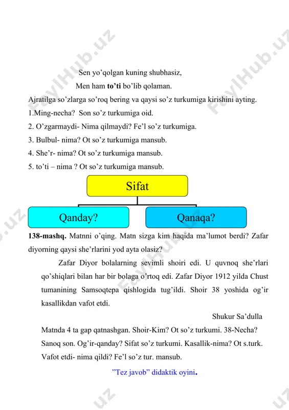 anglatmoqda? 1. og’ziga talqon soldi.--- ……….? 2. yuragi dov bermadi.---………....? 3. tinka madori quridi.---…………? 4. kapalagi uchdi.---…………..? 5. mag’zini chaqdi.---…………….? test 1. qaysi qatorda ot yasovchi qo’shimchalar ko’rsatilgan? a. li, kor, dosh, zor b. kor, dosh, zor, siz s. chi, kor, dosh, loq d. illa, dor, chi, kor 2. sifat yasovchi qo’shimchalar yozilgan qatorni ko’rsating? a. li, siz, dor b. li, kor, zor s. li, loq, la d. li, siz, dor, zor 3. fe’l yasovchi qo’shimchalar yozilgan qatorni ko’rsating. a. la, illa b. chi, la s. illa, siz d. zor, kor 4. “son” so’z turkumining xususiyatlari. a. narsa va shaxsning belgisini bildiradi b. narsa va shaxsning sanog’ini, tartibini bildiradi s. narsa va shaxsning nomini, sanog’ini bildiradi d. narsa va shaxsning harakatini bildirib nechanchi so’rog’iga javob bo’ladi 5. bo’lishli va bo’lishsiz fe’llar mavzusi nechanchi sinfda o’rgatiladi. a. 2-sinfda b. 4-sinfda s. 3-sinfda d. 2-sinf, 2-yarim yillikda darsda faol qatnashgan guruh va …