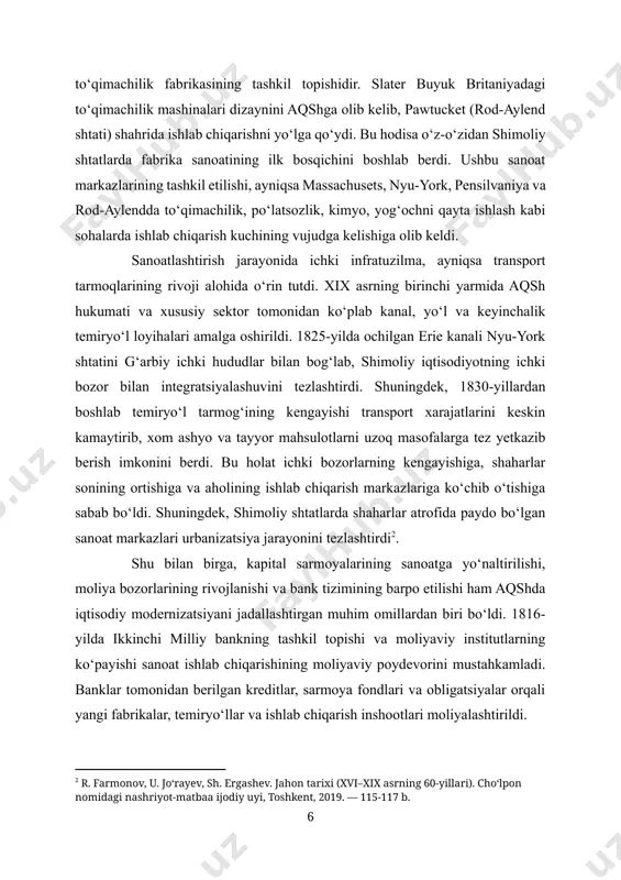 omillardan biri bo‘ldi. 1816-yilda ikkinchi milliy bankning tashkil topishi va moliyaviy institutlarning ko‘payishi sanoat ishlab chiqarishining moliyaviy poydevorini mustahkamladi. banklar tomonidan berilgan kreditlar, sarmoya fondlari va obligatsiyalar orqali yangi fabrikalar, temiryo‘llar va ishlab chiqarish inshootlari moliyalashtirildi. biroq bu jarayon silliq kechmadi. sanoatlashuv ijtimoiy tizimga ham o‘z ta’sirini o‘tkaza boshladi. ishchi kuchiga bo‘lgan talab ortib bordi. ishlab chiqarish markazlarida erkaklar bilan bir qatorda ayollar va bolalar ham ishga jalb qilindi. ish soatlari uzun, mehnat sharoitlari og‘ir, sanitariya talablariga javob bermaydigan darajada edi. bu holat mehnat harakatlari, ishchi kasaba uyushmalarining ilk shakllanishiga sabab bo‘ldi. xix asrning 30–40-yillarida mehnat qonunchiligini talab qiluvchi ilk norozilik namoyishlari sodir bo‘la boshladi. industrializatsiya nafaqat iqtisodiy hayotga, balki jamiyat sotsial tuzilmasiga ham kuchli ta’sir ko‘rsatdi. dehqonlar sinfining ta’siri pasaya boshladi, buning o‘rniga sanoatchilar, bankirlar, tijorat elitalari va ixtisoslashgan ishchilar qatlamlari shakllandi. bu jarayon demokratik institutlar faoliyatiga ham o‘z aksini topdi. ayniqsa, shimoliy shtatlarda iqtisodiy faollik siyosiy faollik bilan …