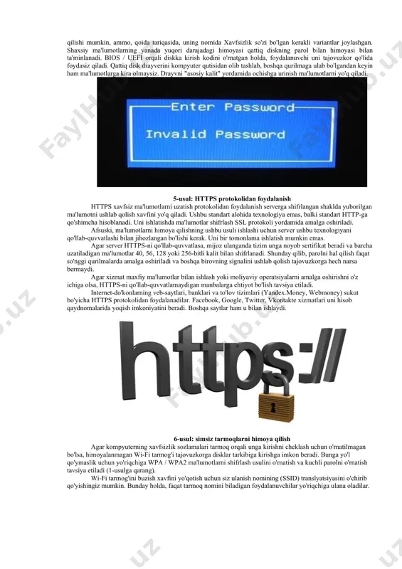 etiladi. 4-usul: bios va / yoki qattiq diskka parol o'rnating asosiy os parol himoyasi tizimni tezda buzishga imkon bermaydi, ammo kompyuter uzoq vaqt jinoyatchining qo'liga tushib qolsa, u himoyasiz. windows-ni qayta o'rnatib, shifrlanmagan fayllarga kirishingiz mumkin. kompyuterni yoqishda kiritilishi kerak bo'lgan bios parolini (uefi) * o'rnatish, kompyuterni ichki yoki tashqi muhitdan yuklashning iloji yo'q. * bios (basic input / output system) yoki uefi (birlashgan kengaytiriladigan dasturiy ta'minot interfeysi) - bu tizimning apparat qismlarining ishlashini tashkil etish va uning yuklanishini boshqarish uchun mas'ul bo'lgan kompyuterning tizim dasturiy ta'minotining bir qismi. bios / uefi-ni sozlash menyusi kompyuterni ishga tushirishning dastlabki bosqichida (yoqilgandan keyingi birinchi soniyalarda) del, f1 yoki f2 tugmachalarini bosish orqali kiritiladi (kompyuter yoki noutbuk uchun ko'rsatmalarga qarang). turli xil kompyuter modellari uchun sozlamalarning pastki elementlari nomlari farq qilishi mumkin, ammo, qoida tariqasida, uning nomida xavfsizlik so'zi bo'lgan kerakli variantlar joylashgan. shaxsiy ma'lumotlarning yanada yuqori darajadagi himoyasi qattiq diskning parol bilan …
