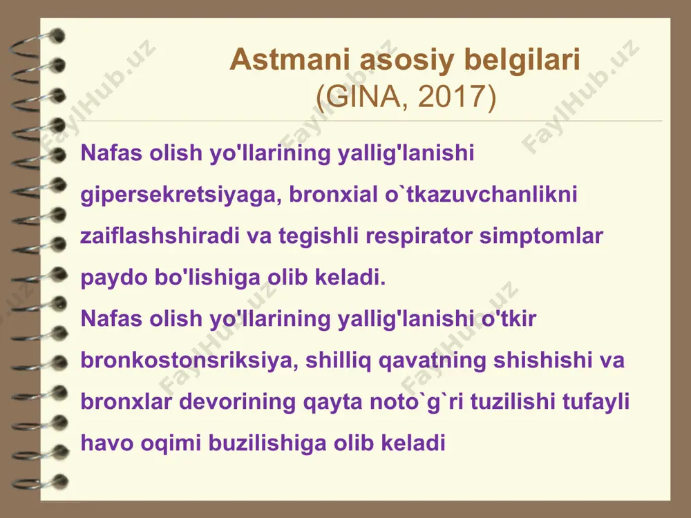 un, baliq, oziq-ovqat qo'shimchalari, bo'yoqlar, konservantlar) dori allergiyasi (antibiotiklar, ferment preparatlari, aspirin) bakterial allergiyalar (neisseria, staphylococcus aureus, candida, mycoplasma, yumaloq chuvalchanglar, orvi). patogenez ba immunologik mexanizimlar shartlari - ig e - bazofil -semiz xujayralar mediatorlar : - gistamin - prostaglandin - leykotrien bronxial astma diognostik kreteriyalar naslda ba ning mavjudligi burun polipozi, vazomotor rinit, nafas olish belgilari, oziq-ovqat yoki dori alergiyasi belgilarining mavjudligi. qonda eozinofiliya balg'amida eozinofillar, kurshman spirallari va sharko-leyden kristallari mavjudligi umumiy ko`rik bemorning majburiy pozitsiyasi – ortopnoy. terining rang parligi va sianozi nafas ↑ - keyinroq ↓ (1 daqiqada 10-12). uzoqdan eshitiluvchi xirillash bo'yin venasining shishishi og'iz ochilib, burun qanotlarinig kengayish. shaffof balg'am. ko`krak qafasi tekshiruvi inspirator xolat nafas olishda qo`shimcha mushaklarning ishtiroki. palpatsiya qovurg`alar oralig`ining kengayishi ovoz drillashi pasayishi ko`krak qafasi regidligi perkussiya qutichasimon tovush o'pka pastki chegarasi pastga siljiydi. pastki chegara safari - cheklangan auskultatsiya susaygan vizikulyar nafas nafas chiqarishning uzayishi baland xushtaksimon xirillashlar nam …