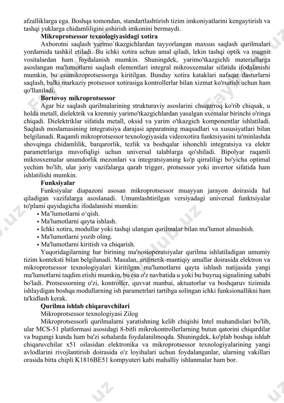 oshqaruv buyruqlarining xususiyatlari. · tashqaridan kelgan signallarga reaktsiyalar. tashqi interfeyslar mikroprotsessor kamdan-kam hollarda izolyatsiya qilingan tizim sifatida qaraladibir so'zli buyruqlarni statik formatda bajarish. berilgan sxema bo'yicha bitta signalni qayta ishlaydigan qurilmalar mavjud, lekin ko'pincha mikroprotsessor texnologiyasi qayta ishlangan buyruqlar nuqtai nazaridan chiziqli bo'lmagan manbalardan ko'p sonli aloqa aloqalari bilan ishlaydi. uchinchi tomon uskunalari va ma'lumotlar manbalari bilan o'zaro aloqani tashkil qilish uchun maxsus ulanish formatlari - interfeyslar taqdim etiladi. lekin birinchi navbatda siz aniq nima bilan bog'lanayotganini aniqlashingiz kerak. qoidaga ko'ra, boshqariladigan qurilmalar ushbu quvvatda ishlaydi, ya'ni ularga mikroprotsessordan buyruq yuboriladi va qayta aloqa rejimida ijro etuvchi organning holati to'g'risidagi ma'lumotlarni olish mumkin. tashqi interfeyslarga kelsak, ular nafaqat ma'lum bir ijro etuvchi mexanizmning o'zaro ta'siri, balki uning boshqaruv kompleksi tuzilishiga integratsiyalashuvi uchun ham xizmat qiladi. murakkab kompyuter va mikroprotsessor texnologiyasiga kelsak, bu boshqaruvchi bilan chambarchas bog'liq bo'lgan apparat va dasturiy vositalarning butun majmuasi bo'lishi mumkin. bundan tashqari, mikrokontrollerlar ko'pincha ishlov …