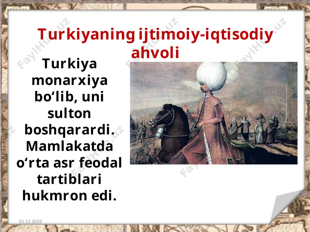 ning ukasi mahmud v rishod (1909-1918) o‘tqazildi. parlament qayta tiklandi. 20.11.2019 12 mahmud v rishod 1911-yilda italiya liviyani bosib olgach, buyuk britaniyaga xayrxoh „hurriyat va birdamlik partiyasi“ „yosh turklar“ hukumatini noqobillikda aybladi. 20.11.2019 13 turkiyada 1912-yil 5-avgustda mamlakatda davlat to‘ntarishi o‘tkazishdi. hokimiyat 3 kishidan iborat „uchlik“ deb atalgan guruh (anvar, tal’at va jamol) qo‘liga o‘tdi. uchlikka anvar poshsho rahbarlik qildi. „uchlik“ germaniya bilan yaqinlashish siyosatini davom ettirdi. 20.11.2019 14 savol va topshiriqlar 1. bir vaqtlar dunyoning kuchli davlati bo‘lgan, mustamlakalari uch qit’aga yoyilgan usmonli turklar imperiyasi nega xix asr oxiri — xx asr boshlarida amalda yarimmustamlaka holatiga tushib qoldi? 2. „iqtisodiy bilim asoslari“ fanidan olgan bilimlaringizga tayanib, „moliyaviy bankrot“ tushunchasini izohlab bering. 3. turkiyada qay tariqa konstitutsiyaviy monarxiya qaror topdi? 4. nima uchun sulton abdulhamid ii hukmronligi davri turkiya tarixida „zulm davri“ deb nom olgan? 5. „yosh turklar“ inqilobi qay tariqa g‘alaba qozondi? 6. „yosh turklar“ hukumatining germaniya bilan yaqinlashishidan …