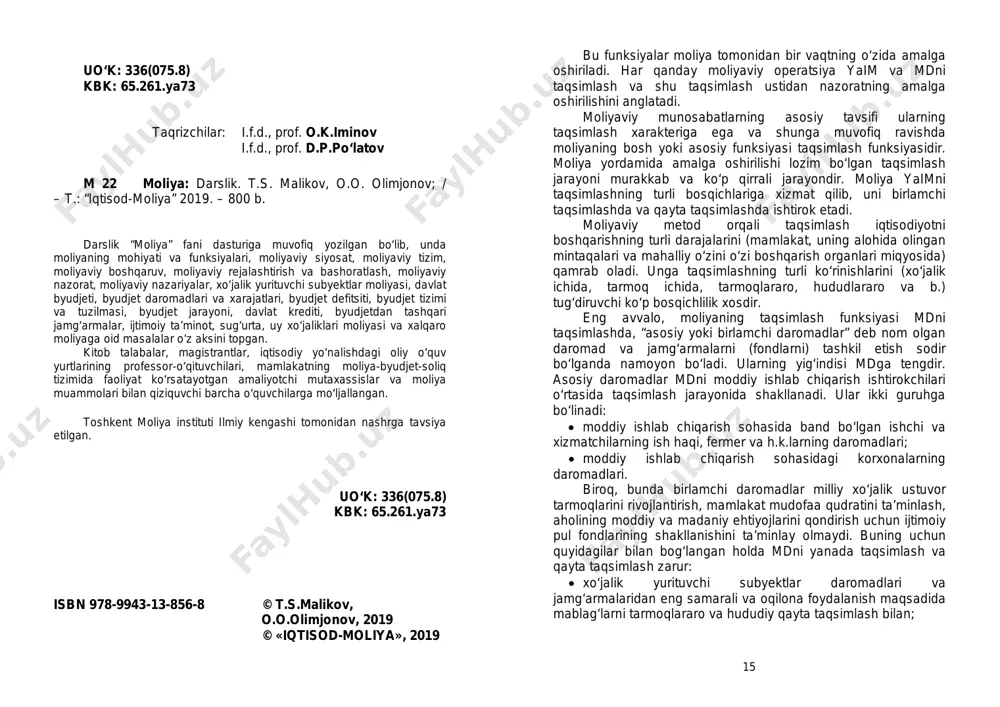 ay moliyaviy operatsiya yaim va mdni taqsimlash va shu taqsimlash ustidan nazoratning amalga oshirilishini anglatadi. moliyaviy munosabatlarning asosiy tavsifi ularning taqsimlash xarakteriga ega va shunga muvofiq ravishda moliyaning bosh yoki asosiy funksiyasi taqsimlash funksiyasidir. moliya yordamida amalga oshirilishi lozim bo‘lgan taqsimlash jarayoni murakkab va ko‘p qirrali jarayondir. moliya yaimni taqsimlashning turli bosqichlariga xizmat qilib, uni birlamchi taqsimlashda va qayta taqsimlashda ishtirok etadi. moliyaviy metod orqali taqsimlash iqtisodiyotni boshqarishning turli darajalarini (mamlakat, uning alohida olingan mintaqalari va mahalliy o‘zini o‘zi boshqarish organlari miqyosida) qamrab oladi. unga taqsimlashning turli ko‘rinishlarini (xo‘jalik ichida, tarmoq ichida, tarmoqlararo, hududlararo va b.) tug‘diruvchi ko‘p bosqichlilik xosdir. eng avvalo, moliyaning taqsimlash funksiyasi mdni taqsimlashda, “asosiy yoki birlamchi daromadlar” deb nom olgan daromad va jamg‘armalarni (fondlarni) tashkil etish sodir bo‘lganda namoyon bo‘ladi. ularning yig‘indisi mdga tengdir. asosiy daromadlar mdni moddiy ishlab chiqarish ishtirokchilari o‘rtasida taqsimlash jarayonida shakllanadi. ular ikki guruhga bo‘linadi: • moddiy ishlab chiqarish sohasida band bo‘lgan …
