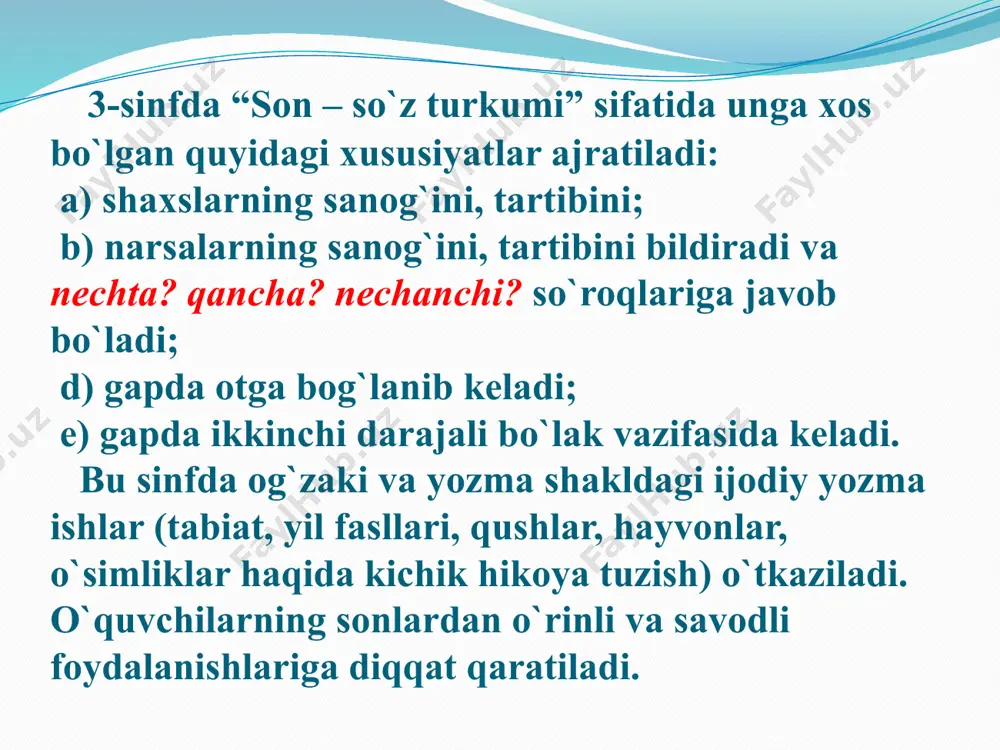 bilan yozadilar. (o`ttiz besh) birinchi musradan songa so`roq bering (10 ta – nechta?) 10 ta soni qaysi so`zga bog`langan? (nok so`ziga bog`langan. nechta nok? – 10 ta nok) 5 soni qaysi so`zga bog`langan? (5 ta olma, 5 ta tok) 15 soni-chi? (15 soni olxo`ri so`ziga bog`langan. 15 ta olxo`ri) she’riy misradagi sonlar qaysi turkumdagi so`zlarga bog`langan? (ot so`z turkumidagi so`zlarga bog`langan.) nima uchun shunday deb o`ylaysiz? (chunki nok, olma, tok, olxo`ri so`zlari nima? so`rog`iga javob bo`ladi.) e’tiboringiz uchun rahmat! /docprops/thumbnail.jpeg