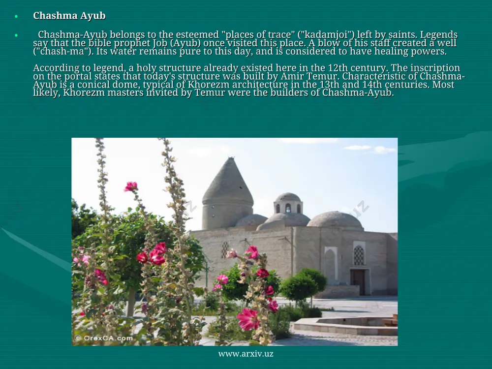 l muslims to prayer, but symbolized the authority and power of its spiritual leaders. the central ensemble of bukhara - poi-kalyan - literally "beneath the great" grew up around the minaret. the kalyan minaret is a round tower 9 m in diameter at its base, tapering to 6m at the top. it is possible to ascend the minaret from the roof of the cathedral mosque through a passage. inside the tower is a spiral staircase having 104 steps. total height of the minaret is 45.6m. the inscription on the cornice announces the date of its construction, 1127, and the name of its architect - bako. www.arxiv.uz www.arxiv.uz kalyan mosque (early 16thc.) today's kalyan mosque was built at the beginning of the 16th century, at the first shaybanids. since that time, except for soviet time, it has operated as cathedral mosque of bukhara. the mosque replaced the old qarakhanid cathedral mosque …