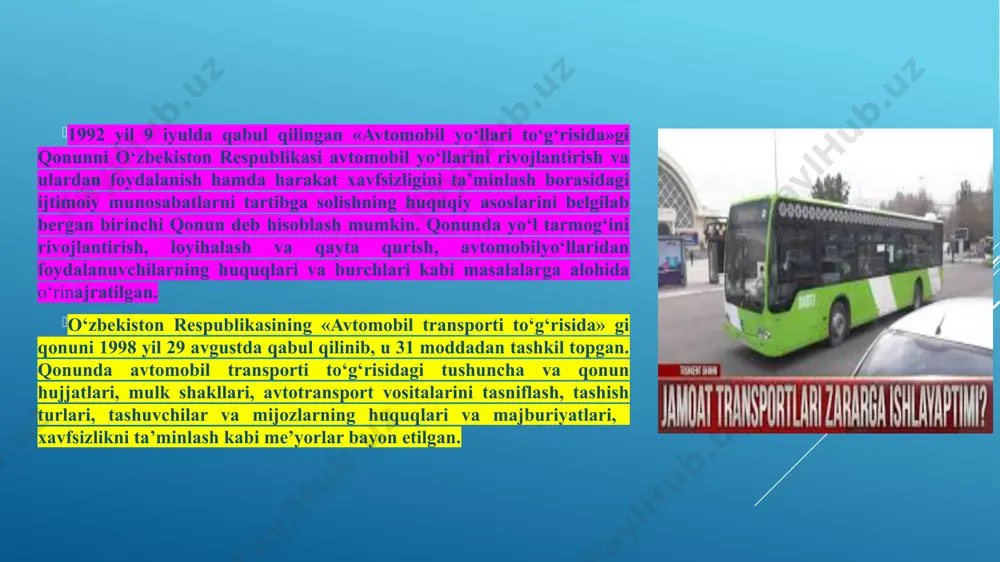 a avtopoezdlarni kirib kelishi tashish tannarxini 30-40 foizga arzonlashtirildi. bu borada avtomobillarda tashish va xarakat xavfsizligini tashkil etish asoslari fanini ta’siri katta bo’lgani uchun transportni ekspluatatsiya qilish ko’nikmalarini talabalarga etkazish muhum ahamiyat kasb etadi. shuning uchun ushbu fanda tanlangan 20 mavzu bo’lguvsi muhandis bakalavrda ekspluatatsiya qilish ko’nikmalarini paydo qiladi. bu fan andijon mashinasozlik instituti yer usti transport tizimlari va ularning ekspluatatsiyasi yo’nalishi 4 kurs talabalariga mo’ljallangan. fewings n. (published on march 9, 2018), aerial photography of gray concrete roads. free to use under the unsplash license. https://unsplash.com/photos/br9d5k3utrq yo‘lovchilarni tashuvchi ummfoydalanish avtomobil transportii. shahar aholisiga ish joylariga, yashash joylariga, dam olish va boshqa maishiy talablarini qondirish joylariga qisqa vaqtlarda etib borishlari uchun transport vositalari talab etiladi. tashishga bo‘lgan talab shahar hududining o‘lchamiga, aholining moddiy ta’minlanganligi va madaniyat darajasiga ko‘p jihatdan bog‘liqdir. shahar transportining eng ko‘p tarqalgan turlariga tramvay, avtobus, trolleybus, yengil taksi avtomobili va metropoliten kiradi. ushbu yo‘lovchilarni tashishga mo‘ljallangan transport …
