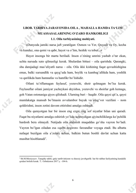 oila so’zining asl mohiyati, vazifalari, jamiyatdagi o’rni; 2. o’zbek xalq oilalari an’analari, udumlari, urf-odatlari; 3. xalq pedagogikasi tajribalari; 5. oilada ota va ona o’rni; 6. oilada farzandlar o’rni; 7. qarindosh-urug’chilik iplari; 8. qo’ni-qo’shni munosabatlari; 9. yaxshilik, yaxshilik va yana yaxshilik, haqida; 10. vatanga sadoqat. oila–tarbiya o’chog’i dedik. bu o’choqda barkamol farzandlar pishib etilishi uchun buyuk davlatimiz, havas qilsa arzigulik prezidentimiz, jonkuyar xalqimiz barcha sharoitlarni yaratib bermoqda. bunga javoban biz ham oz bo’lsada o’z hissamizni qo’shishimiz shart deb o’ylaymiz.bunday boylikga ega bo’lganlarni jamoa boy-badavlat ota-ona, boy-badavlat oila deb tan oladi. bunday oila hech qachon xor bo’lmaydi». inqilobdan oldin, uning dastlabki kunlaridayoq sharqona tarbiyaga yuksak baho berilgan edi. «bolaga muhabbat, bolaga diqqat – e’tiborni rusiyaliklar sharq xalqlaridan o’rganishlari kerakligi» e’tirof etilgan edi. bir qancha rus etnograflarining turkiston xalqlari turmush tarzi, oilaviy munosabatlari, an’analari bilan qiziqishlari tarixdan ma’lum. lekin vaqt o’tishi bilan nimagadir milliy qadriyatlarga bid’at va xurofot deb nom berildi. bizda e’tiborga …