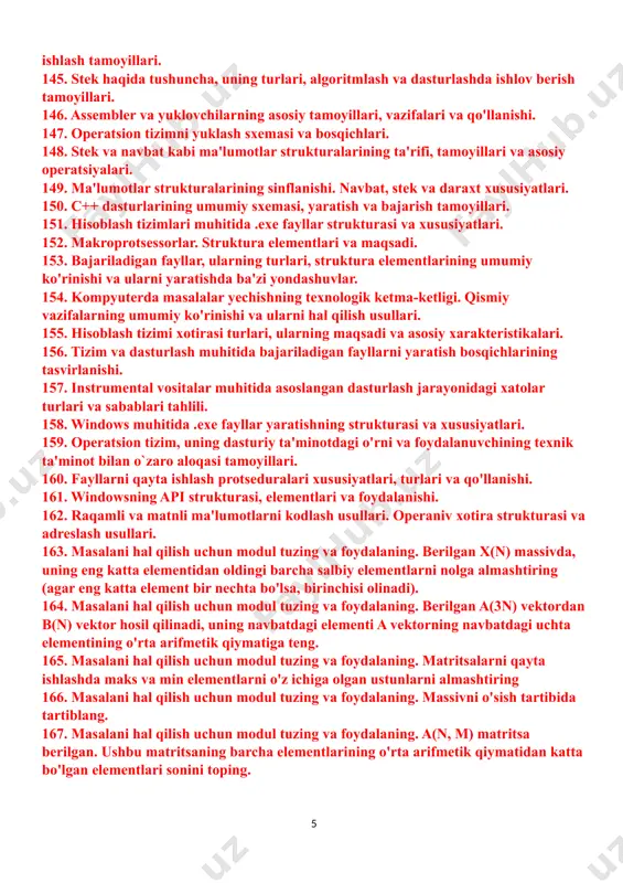 amoyillari. 116. obyektga-yo'naltirilgan dasturlashning asoslari, xususiyatlari va afzalliklari. 117. dasturlash tillari. ularning sinflanishi va sintaksisini tasvirlash usullari. 118. leksik analizatorlar va ularning asosiy vazifalari. 119. dasturlash tillari. avlodlar bo'yicha tasnifi va rivojlanish istiqbollari. 120. unix operatsion tizimining turlari, arxitekturasi va ba'zi bir xususiyatlari. 121. strukturaviy dasturlash asoslari va modulli dasturlashning elementlari. 122. dasturlashning instrumental vositalari. 123. windows arxitekturasi. yadro rejimi komponentalari tahili. 124. windows oilasiga oid operatsion tizimlar yadro komponentalari. 125. windows operatsion tizimining arxitektura xususiyatlari, uning sxemasi elementlari va komponentalari. 126. mikroprotsessorlar. ko'p yadroli mikroprotsessorlarning aritekturaviy elementlari va afzalliklari. 127. overleylarning maqsadi, sxemasi va tashkil etilishi. 128. assembler dasturlarini yaratish va qo'llash bosqichlari. 129. statik, dinamik, mahalliy va global o'zgaruvchilar. ularning tasirlanishi va ishlash sohasi. 130. konsol dasturlarini ishlab chiqish texnikasi, bosqichlari va qo'llanishi. 131. dastur ishlab chiqishda ma'lumotlarning statik va dinamik strukturalaridan foydalanishning afzalliklari va kamchiliklari. 132. kiritilgan assemblerdan foydalanishning asosiy afzalliklari. 133. c++ dasturlash muhitida dll kutubxonalarini …