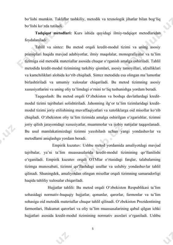 lanilishi 1.3. kredit-modul tizimining afzalliklari va kamchiliklari 2-bob. o‘zbekiston oliy ta’limida kredit-modul tizimiga qo‘yiladigan talablar 2.1. tizimni joriy etishdagi normativ-huquqiy asoslar 2.2. baholash mezonlari va pedagogik yondashuvlar 2.3. amaliy tajribalar va takliflar 1-bob. kredit-modul tizimining nazariy asoslari 1.1. kredit-modul tizimining mohiyati va mazmuni o‘zbekiston respublikasi prezidentining 2017-yil 7-fevraldagi pf-4947-sonli farmoni bilan tasdiqlangan “2017-2021-yillarda o‘zbekiston respublikasini rivojlantirishning beshta ustuvor yo‘nalishi bo‘yicha harakatlar strategiyasi”da milliy kadrlarning raqobatbardoshligi va umumjahon amaliyotiga asoslangan oliy ta’lim milliy tizimining sifati oshishiga, bolonya jarayoni ishtirokchi-mamlakatlari diplomlarini o‘zaro tan olishga, o‘qituvchi va talabalar bilan almashuv dasturlarini amalga oshirishga ko‘maklashuvchi 1999-yil 19-iyundagi bolonya deklaratsiyasiga qo‘shilish masalasini ko‘rib chiqish belgilab qo‘yilgan. mamlakatimizda ijtimoiy, iqtisodiy, siyosiy, ma’naviy hayotda tub o‘zgarishlar sodir bo‘lmoqda. ayniqsa, ta’lim sohasidagi islohotlarda “ta’lim to‘g‘risida”gi qonunning yangi tahrirda qabul qilinishi muhim o‘rin tutadi. har bir mamlakatning rivojlanishi yoki aksincha, inqirozga yuz tutishi mamlakatdagi ta’lim tizimining qay darajada takomillashganiga bog‘liq. bu yaqin yillar davomida mamlakatdagi deyarli barcha oliy ta’lim …