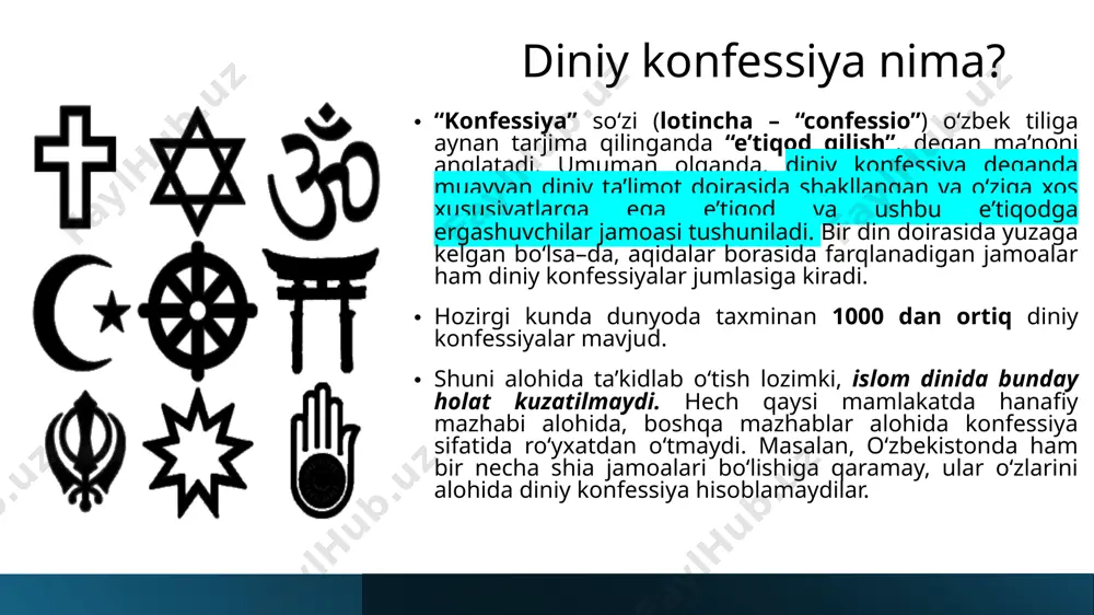 uqaddas kitoblarda bayon etilgan. lamaizmda yo’nalishning oliy rahnamosi dalay lama tug’ilgan mavjudotlarning eng ulug’i deb hisoblanadi. dalay-lama (“dengizday ulug’ lama”) unvoni 1391-yilda joriy qilingan. birinchi dalay-lama binduidub (1391-1475) bo’lgan. bugungi kunda shakllangan dinlar doirasida muayyan o‘ziga xosliklarga ega bo‘lgan yangi yo‘nalish va sektalarning paydo bo‘lishi davom etmoqda. masalan, mutaxassislar ma’lumotlariga ko‘ra, xx asrning ikkinchi yarmida xristianlik, buddaviylik, islom va boshqa dinlar doirasida yuzlab sektalar paydo bo‘lgan. bu jarayonlar kelajakda ham davom etishi mumkinligini taxmin qilish mumkin. sekta tushunchasi sekta so‘zi, eng umumiy ma’noda, muayyan diniy, siyosiy yoki falsafiy qarashlarga ergashuvchilar guruhini anglatadi. diniy sekta deganda ma’lum bir dindagi rasmiy aqidalarga zid ravishda ajralib chiqqan yoki mavjud dinlar va konfessiyalarga umuman aloqasi bo‘lmagan holda din bayrog‘i ostida faoliyat ko‘rsatadigan guruhlar tushuniladi. bugungi kunda har ikkala yo‘nalishga mansub bo‘lgan ko‘plab sektalar faoliyat ko‘rsatmoqda. mutaxassislar ularning sonini taxminan 5000 atrofida, deb baholaydilar. zamonaviy diniy sektalar xix asr o‘rtalari xx asr boshlariga kelib yevropa, …