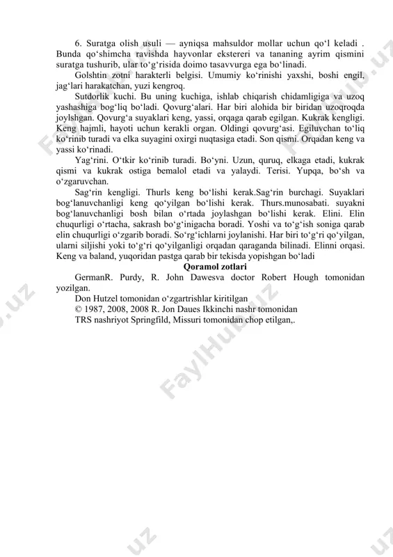 b sigirlarni baholang va natijalarni jadvalga yozing. ko‘rsatkichlar baholashda o‘rganiladigan omillar yuqori baho olingan bahosi va yo‘nalishi sut go‘sht sut va go‘sht umumiy ko‘rinishi tana tuzilishining proporsionalligi, konstitutsiyasining mustahkamligi, zotning haraktirli belgilarining ko‘rinishi. 3 elinlari elinining hajmi, sut venalari, oldingi va keyingi so‘rg‘ichlari tanasiga yopishib turganligi, so‘rg‘ichlarining bir tekis rivojlanishi. 5 oldingi va keyingi oyoqlari mustahkamligi va qo‘yilishi, tuyog‘ining shakli va mustahkamligi. 2 jami 10 kallaning shakli va tuzilishiga qarab, hayvonning suyakdorligini bilish mumkin. jumladan, sersut zotli sigirlarning kallasi o‘rtacha, engil va qotmadan kelgan, eniga kam rivojlangan bo‘ladi. go‘shtdor zotli sigirlarning kallasi salmoqli, bosh qismi keng va qisqa, peshonasi ancha keng. buqalarning kallasi biroz dag‘al. bo‘yin, hayvonlarning mahsuldorlik yo‘nalishiga va jinsiga qarab, turlicha bo‘ladi. sergo‘sht hayvonlarning bo‘yin muskullari yaxshi rivojlangan kalta va enli bo‘ladi. go‘sht yo‘nalishidagi qoramollarnig ekstereri o‘ziga xos go‘shtdor bo‘ladi. tanasi muskullar bilan tig‘iz to‘lishgan. orqasi keng, qovurgalari egilgan, kallasi go‘shtdor, bo‘yni kalta, yo‘g‘on va keng, elka va …