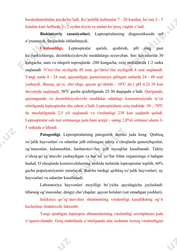 i. laboratoriya hayvonlari moyilligi bo’yicha quyidagicha joylashadi: tillarang og’maxonlar, dengiz cho’chqalar, quyon bolalari (sut emadigan yoshlari). infeksiya qo’zg’atuvchisi shtammining virulentligi kasallikning og’ir kechishini ifodalovchi faktordir. yangi ajratilgan leptospira shtammlarining virulentligi serotiplararo juda o’zgaruvchandir. oziq muhitlarda o’stirilganda ular nisbatan tezroq virulentligini yo’qotadi. moyil hayvonlarga yuqtirib uning virulentligini kuchaytirish va uzoq vaqt saqlash mumkin. leptospira kulturalarida gemolizin topilgan, uning aktivligi kavsh qaytaruvchilar, ayniqsa qo’y eritrositlariga nisbatan yaxshi namoyon bo’ladi. gemlizin 560c da 10 daqiqada parchalanadi, quritilgan holda esa - 4 oy saqlanadi. 7,4-8,0 phda, 370c da aktivligini ko’proq namoyon qiladi. organizmga gemolizin yuborilganda antitelo hosil qilmaydi, lekin immun zardob qo’shilganda u neytrallanadi, ya’ni gaptenga o’xshaydi. toksigenligi. ko’pgina fermentlari: gemolizin, lesitinaza, fibrisillin va boshqalar patogen ta’sir etadi. leptospiralarning o’lishi natijasida undan endotoksin ajraladi va to’planib-gemorragik, gemolitik va neyrotoksik ta’sir etadi. toksikoz – hayvon o’limiga sabab bo’lishi mumkin. infeksiya patogenezida organizmda leptospiralarning yemirilishidan hosil bo’lgan endotoksinlar muhim ahamiyatga ega. patogenezi. qo’zg’atuvchi ko’pincha organizmga shikastlangan …