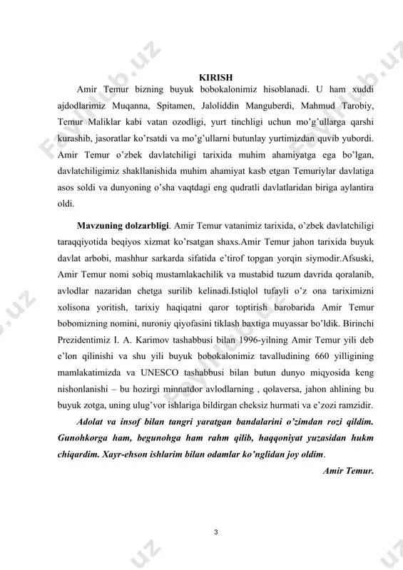 ’lganligi tufayli yuksalish va insonparvarlik ruhi bilan sug’orilgan ulkan markazlashgan daatat tuzishga muvaffaq bo’ldi. sohibqiron turk-mug’ul an’analariga amal qilgan holda o’z davlati hududlarini suyurg’ol (ulus) tariqasida inom qilish yo’li bilan boshkargan. temur movarounnahrdan tashqaridagi yerlarini ulusga bo’lib, farzandlariga in’om etdi. bu masalaning e’tiborli tomoni shundaki, garchi sohibqiron tomonidan bo’lib berilgan yerlar ichki mustaqillikka ega bo’lsalar-da, lekin amalda batamom markaziy hokimiyatga bo’ysundilar. temurning o’ta darajadagi zukkoligini shundan bilsa bo’ladiki, u uluslar o’rtasida nizolar kelib chiqmasligi uchun ularning faoliyatini doimo nazorat qilib turadi. temur davlatining eng ko’zga ko’ringan va muammoli tomoni sohibqiron kichik bir viloyat doirasida tarbiya topgan davlat mafkurasining boshqaruv tayanchi kuchli hokimiyat tushundi va davlat, saltanat ishlarini yuzaga chiqarishda kamchilikka yo’l qo’ymaydigan vazirlarni tanlashga harakat qildi. amir temur vazir to’rtta sifatga ega bo’lishi lozim hisoblagan: birinchisi-asllik, toza nasllilik, ikkinchisi-aql-farosatlilik, uchinchisi-sipohu raiyat axdidan xabardorlik to’rtinchisi-sabr-chidamlilik va tinchliksevarlik. amir temur hukmronlik qilgan davrlarda davlatning markaziy ma’muriyati boshida devonbegi, arkbegi va to’rt vazir …