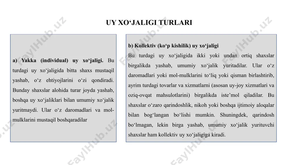 amiyat kasb etadi. o‘zbekistonda uy xo‘jaliklarining tarkibi o‘zbekistonda uy xo‘jaliklari tarkibi, ya’ni ularning a’zolari soni va demografik tuzilmasi yildan-yilga davlat statistikasi asosida o‘rganib boriladi. 2024-yilning yanvar–iyun oylariga oid ma’lumotlarga ko‘ra, mamlakatdagi uy xo‘jaliklarining 38,4 foizi 6 va undan ortiq kishidan iborat bo‘lib, bu holat yurtimizda ko‘p bolali va kengaytirilgan oilalar soni yuqoriligini ko‘rsatadi. bu esa ijtimoiy barqarorlik va oila qadriyatlarining kuchli saqlanayotganidan dalolat beradi. shuningdek, 2021-yil statistik ma’lumotlariga ko‘ra, uy xo‘jaliklarining 76,2 foizida 16 yoshgacha bo‘lgan bolalar mavjud bo‘lib, bu ko‘rsatkich mamlakatda yosh aholining salmog‘i yuqoriligini tasdiqlaydi. bu demografik tuzilma o‘zbekistonda ijtimoiy sohalarni — ayniqsa ta’lim, sog‘liqni saqlash va bolalar huquqlarini himoya qilish sohalarini barqaror rivojlantirish zarurligini taqozo etadi. uy xo‘jaliklarining rivojlanish istiqbollari o‘zbekistonda uy xo‘jaliklarining rivojlanish istiqbollari bir nechta asosiy yo‘nalishlarda namoyon bo‘lmoqda. eng avvalo, iqtisodiy barqarorlik uy xo‘jaliklarining asosiy maqsadlaridan biri bo‘lib, aholining daromadlarini oshirish, kichik biznesni qo‘llab-quvvatlash va bandlikni ta’minlash orqali amalga oshiriladi. daromad manbalarining ko‘payishi uy …
